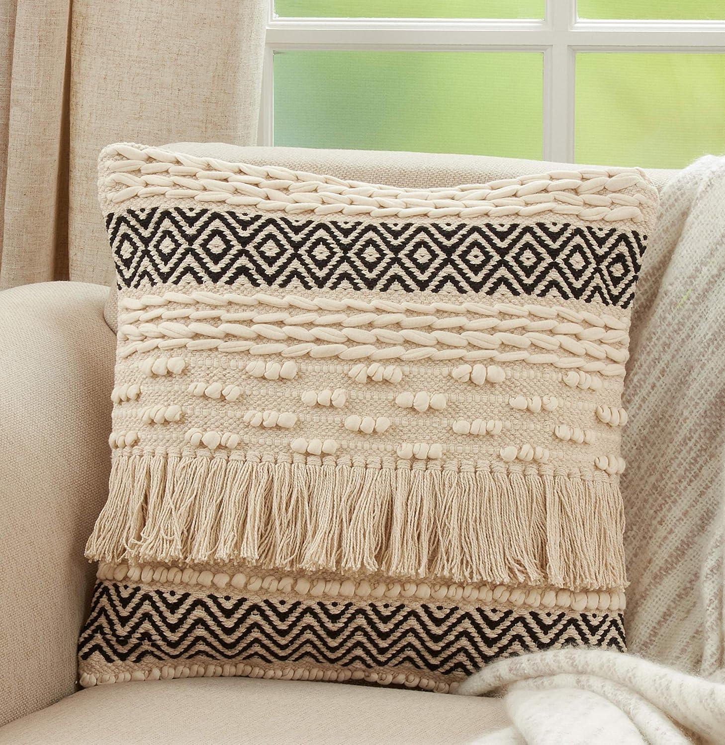 18"x18" Poly-Filled Textured Moroccan Design Square Throw Pillow Natural - Saro Lifestyle