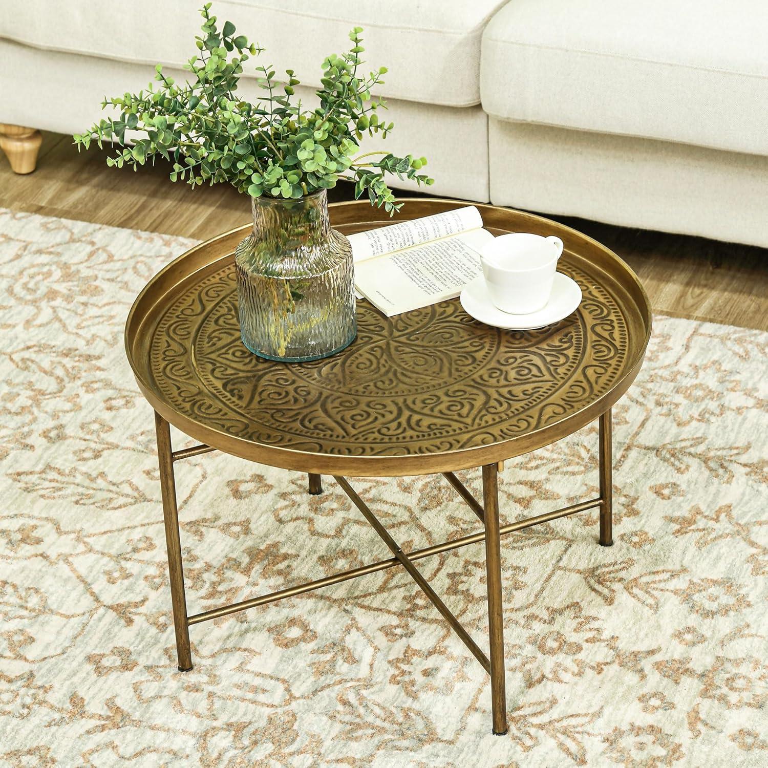 HOMCOM 24" Round Coffee Table with Hammered Tray Top, Vintage Metal Center Table for Living Room, Bedroom, Side Table, Gold