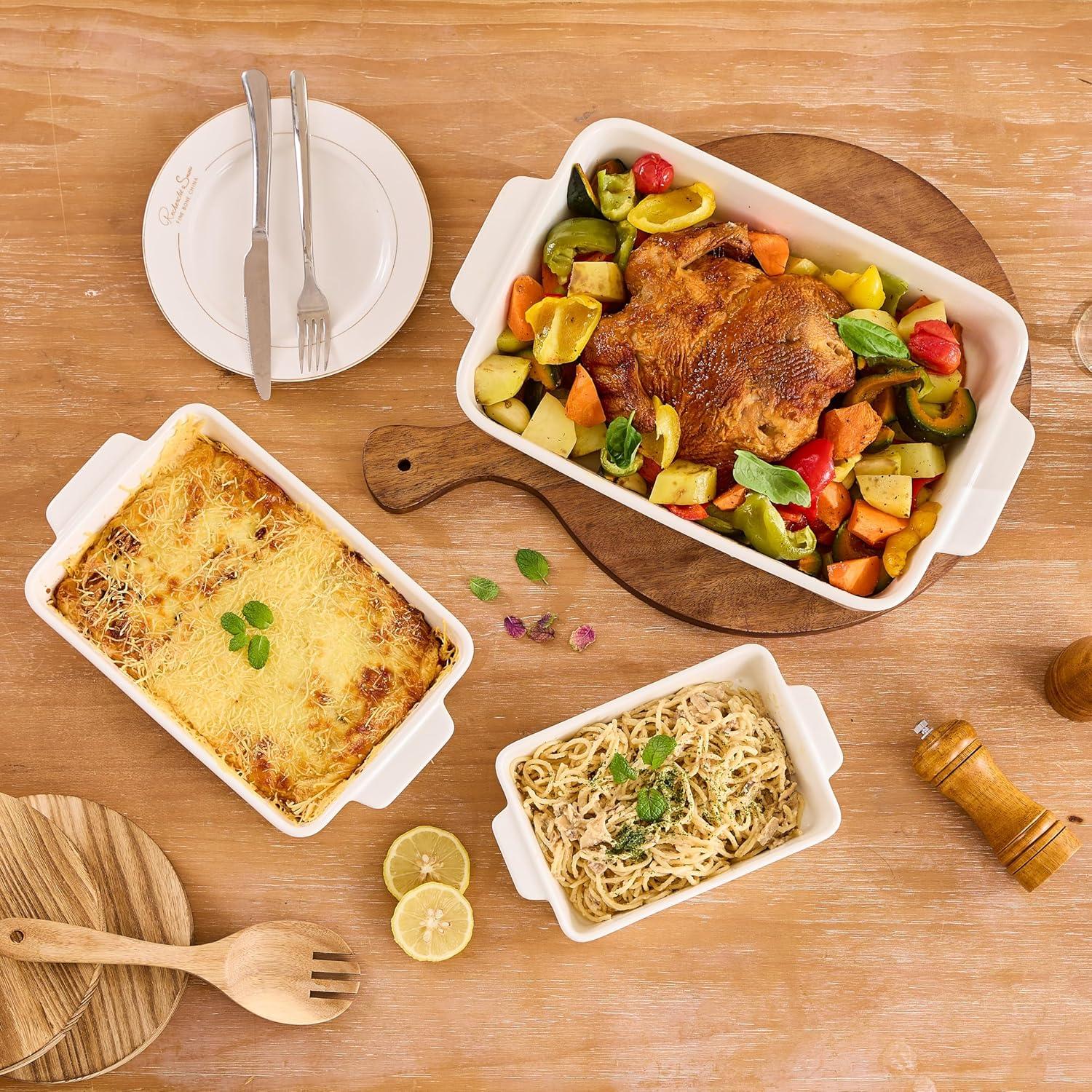 Baking Dish for Oven Casserole Dishes Bakeware Set With Ramekin Ceramic Lasagna Pan 9×12.8 Inch Large Deep Baking Dishes Rectangular Non-Stick Baking Pans for Kitchen Baking and Roasting White