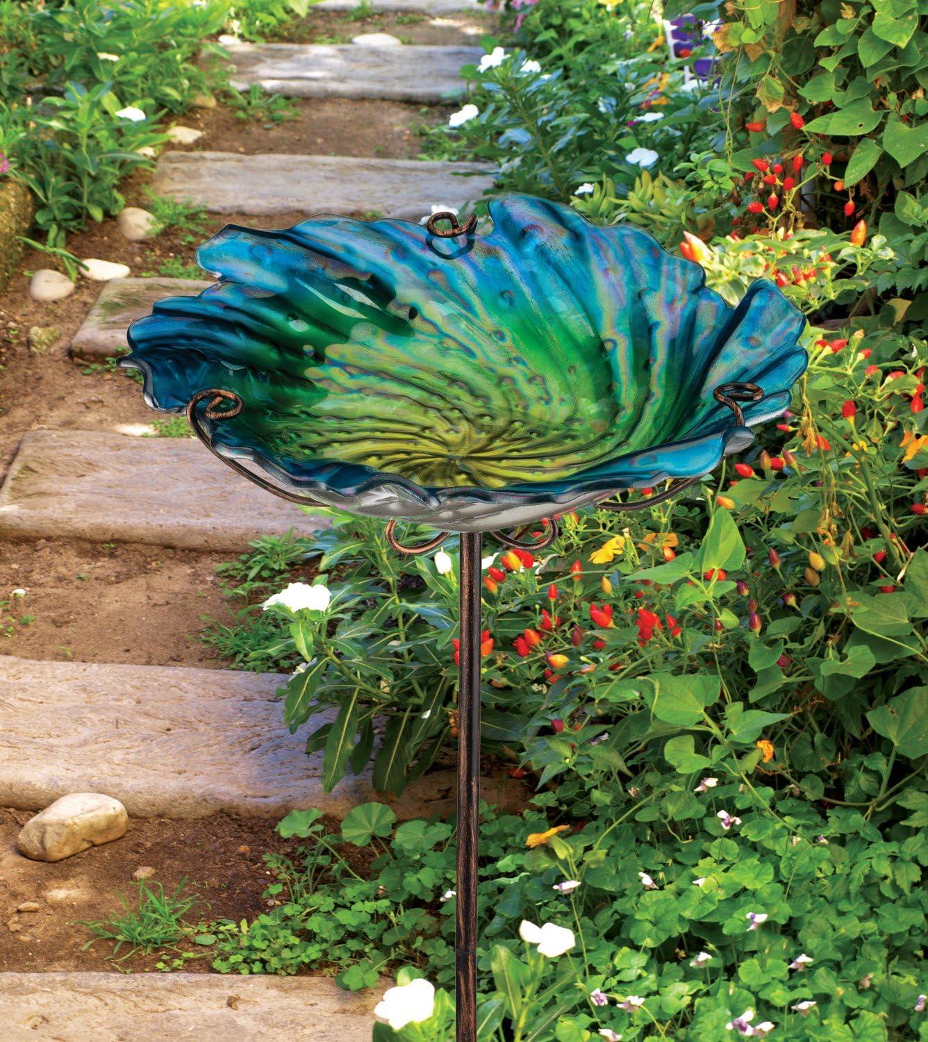 Blue and Green Glass Birdbath Feeder with Metal Stake