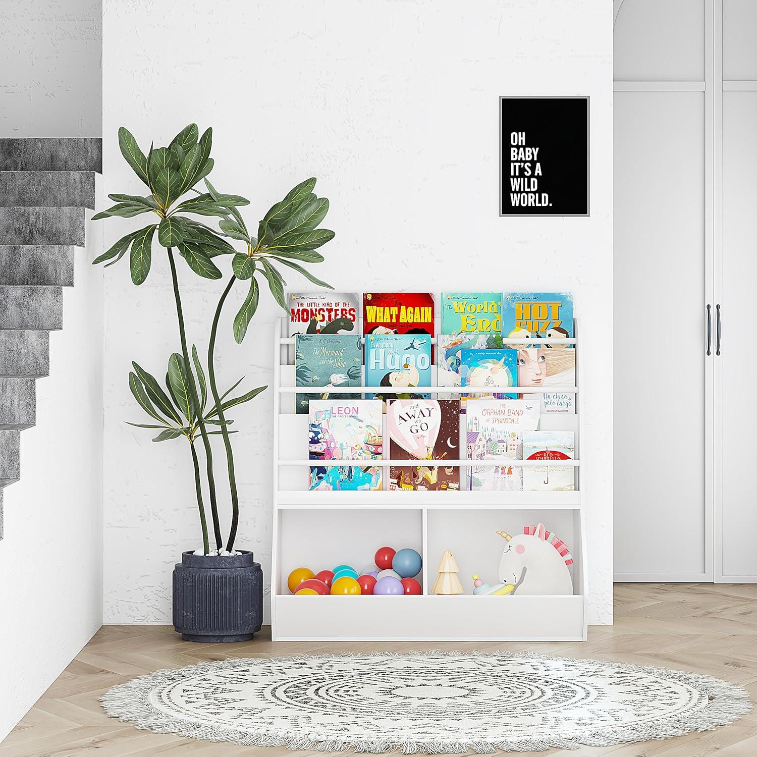 UTEX Kids Bookshelf Toy Organizer with Rolling Toy Box, White, 23.62” W x 11.8” D x 35.43” H