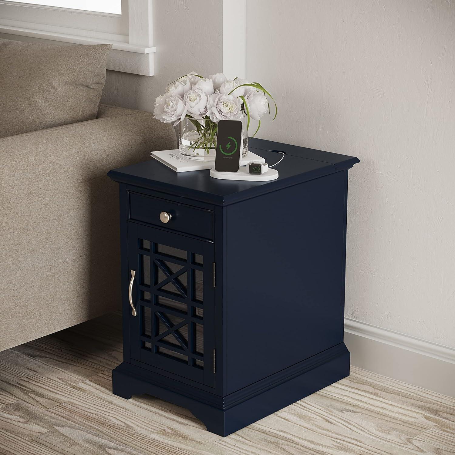 Navy Blue Wood and Glass Rectangular End Table with Storage