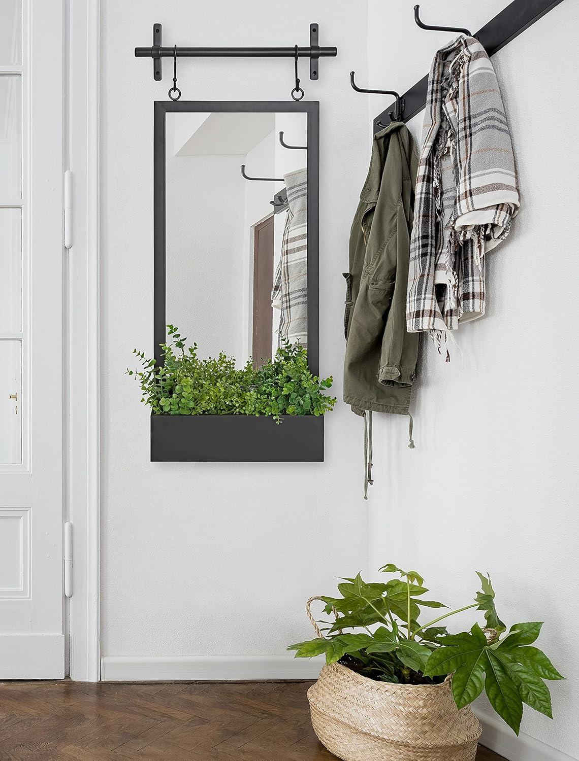 Black Metal Rectangular Wall Mirror with Storage Shelf