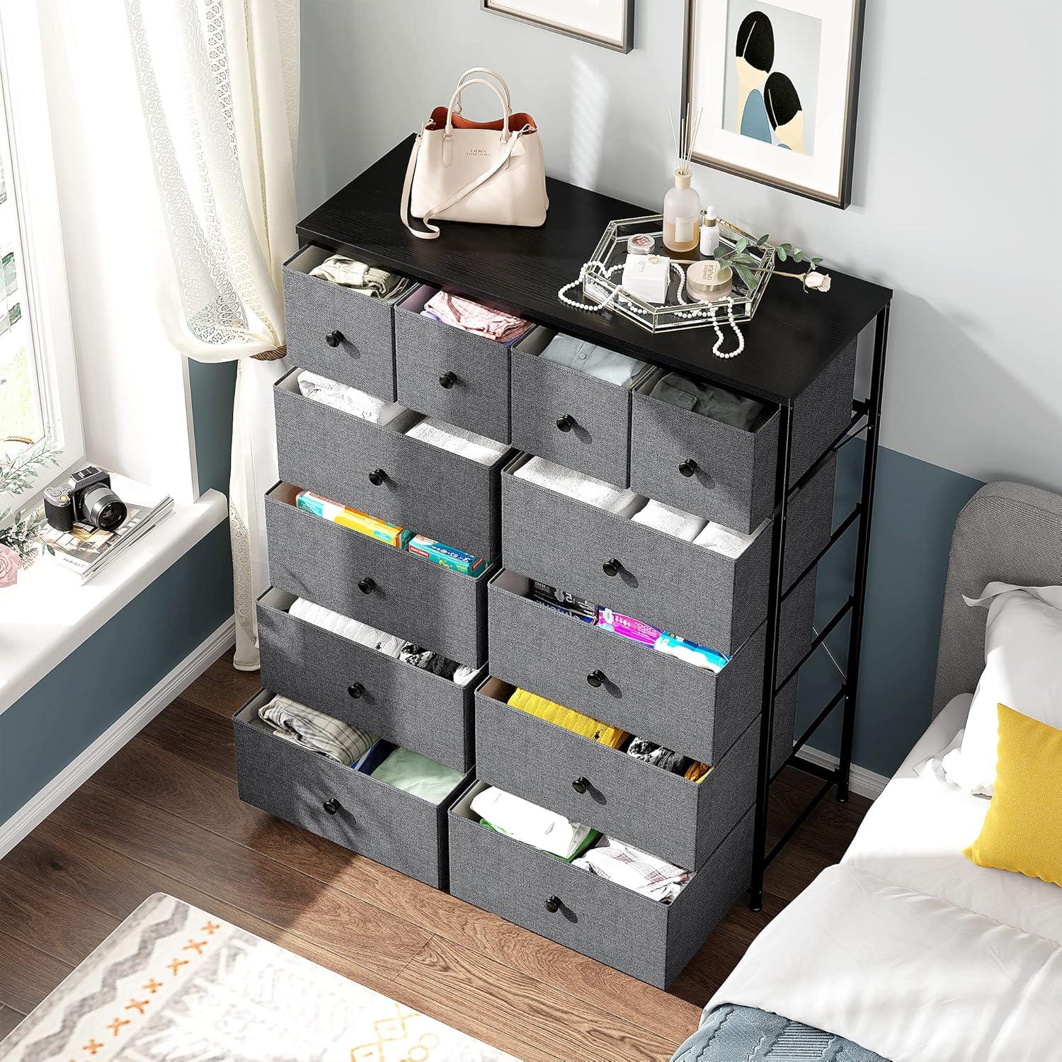 TiaGOC Dresser for Bedroom with 12 Drawers, Large Tall Dressers for Bedroom with Wooden Top and Metal Frame, Bedroom Dresser Dressers & Chests of Drawers Clearance, 40.6" W x 11.8" D x 43.7" H, Gray