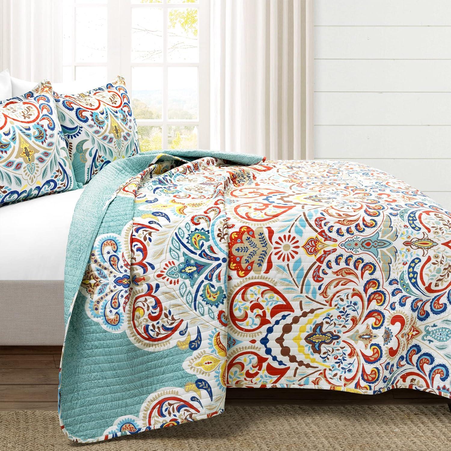 Lush Decor Boho Chic Reversible Oversized Cotton Quilt Seafoam/Red 3Pc Set Full/Queen