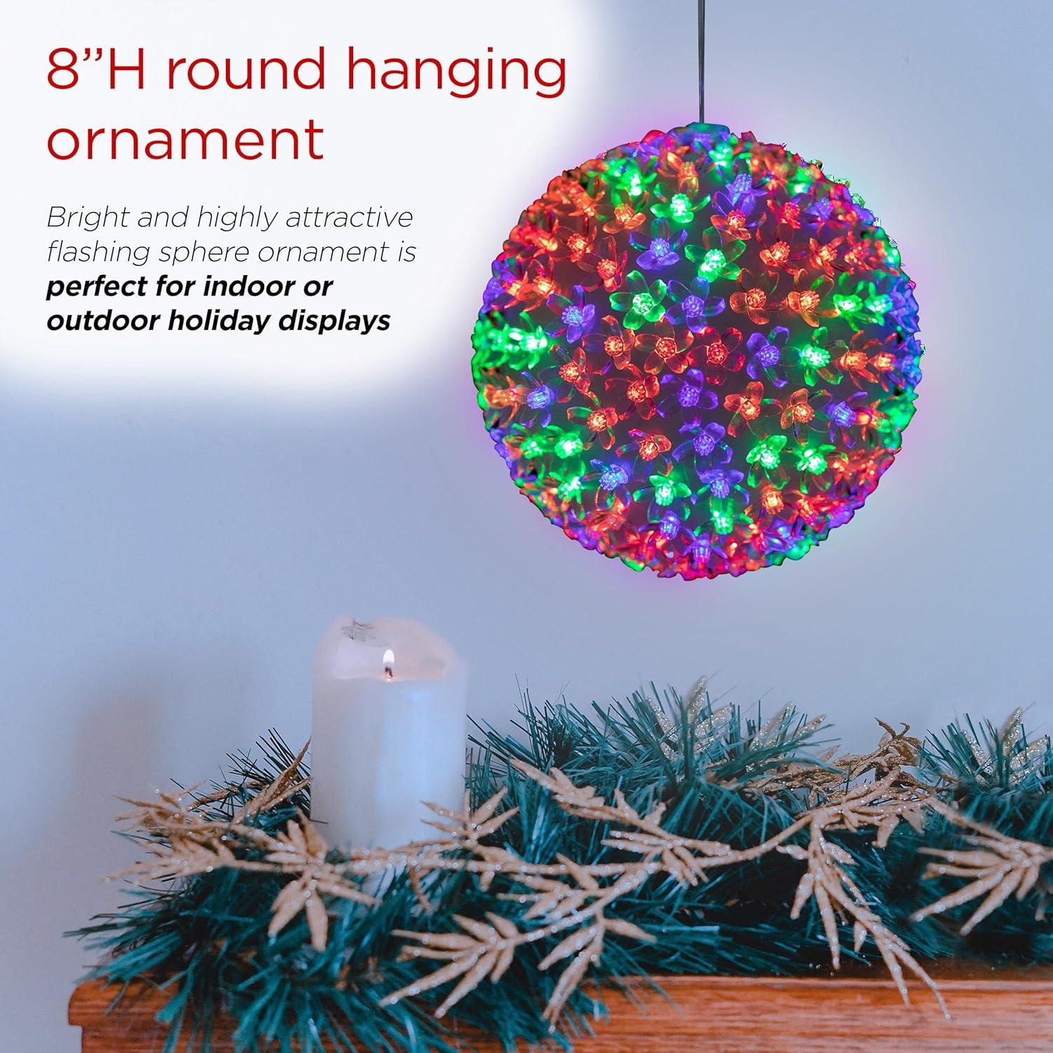 Multi-Colored LED Flashing Sphere Hanging Ornament, 8-Inch