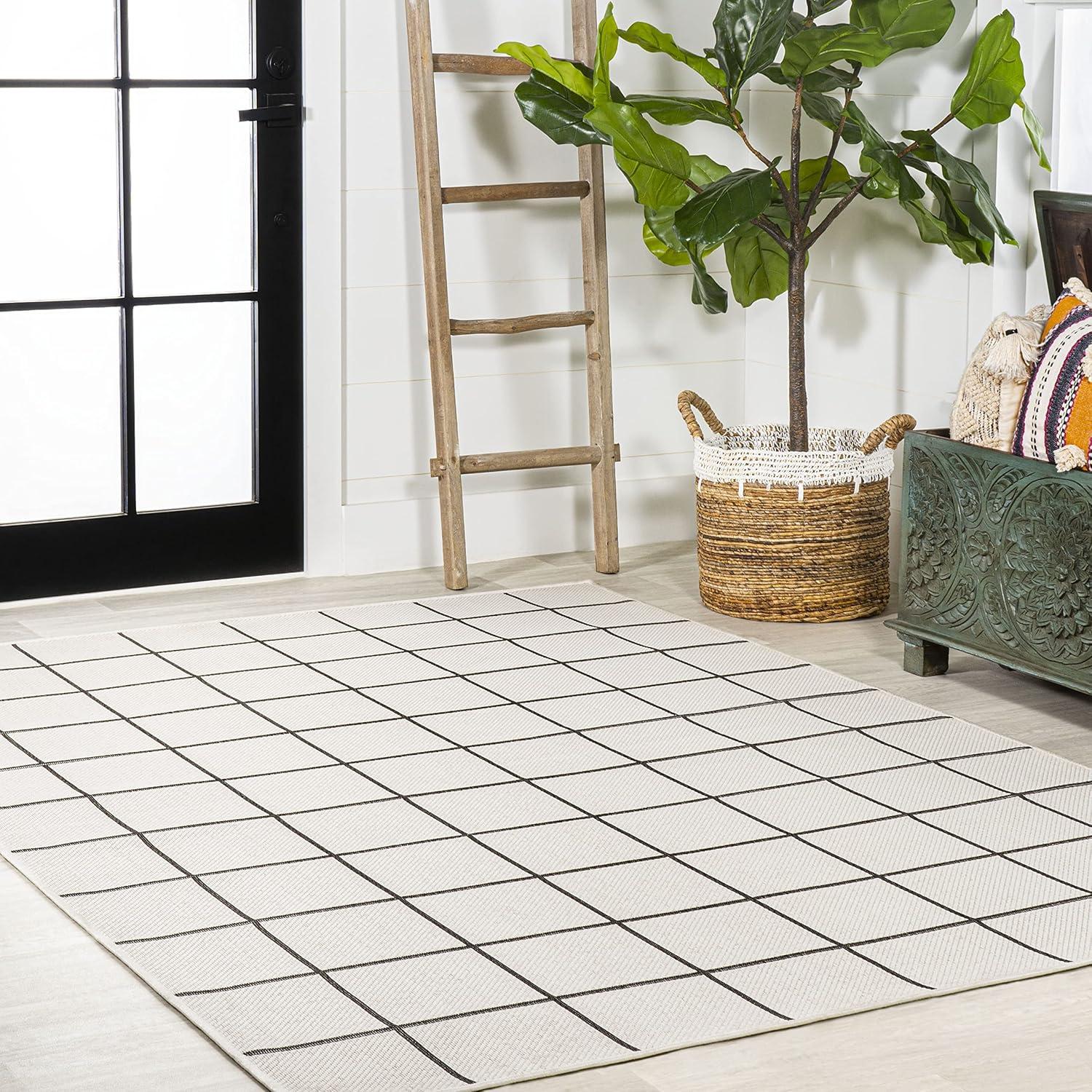 4' x 6' Grid Modern Squares Indoor/Outdoor Area Rug, Cream/Black - JONATHAN Y