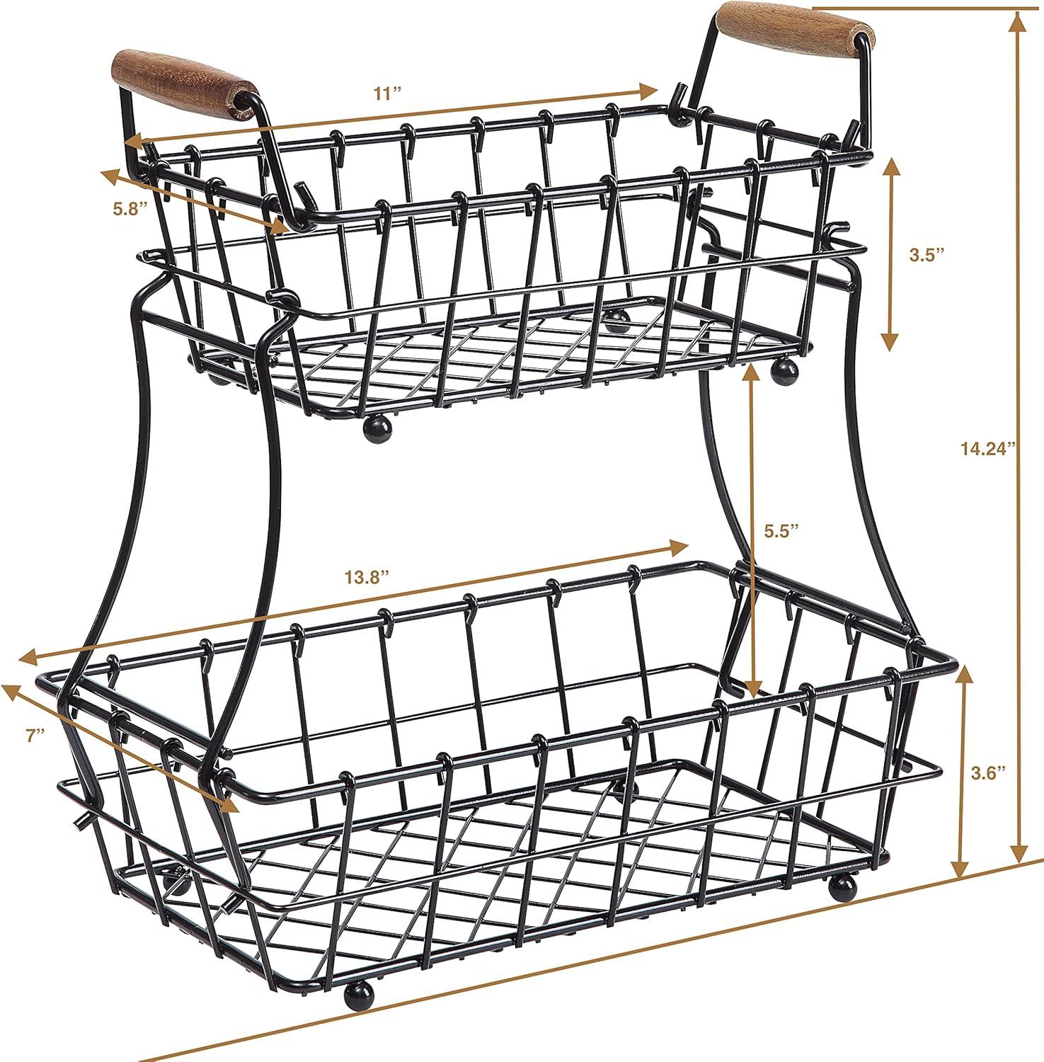 SunnyPoint 2-Tier Rectangle Countertop Fruit, Bread Wire Basket (Black, Metal)