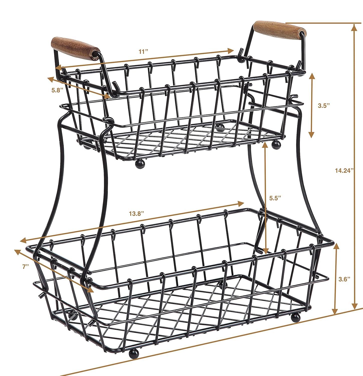 SunnyPoint 2-Tier Rectangle Countertop Fruit, Bread Wire Basket (Black, Metal)