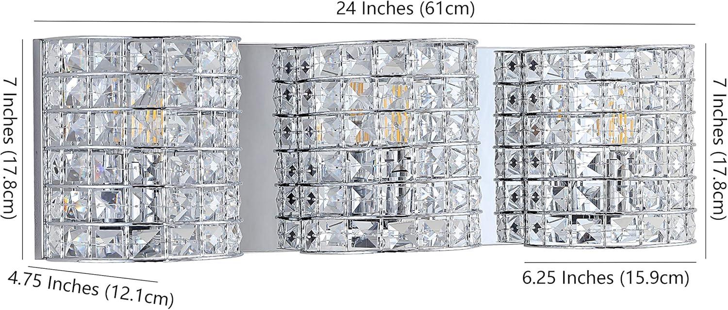 Clara Deco 24" 3-Light Metal/Crystal Classic Glam LED Vanity Light, Chrome