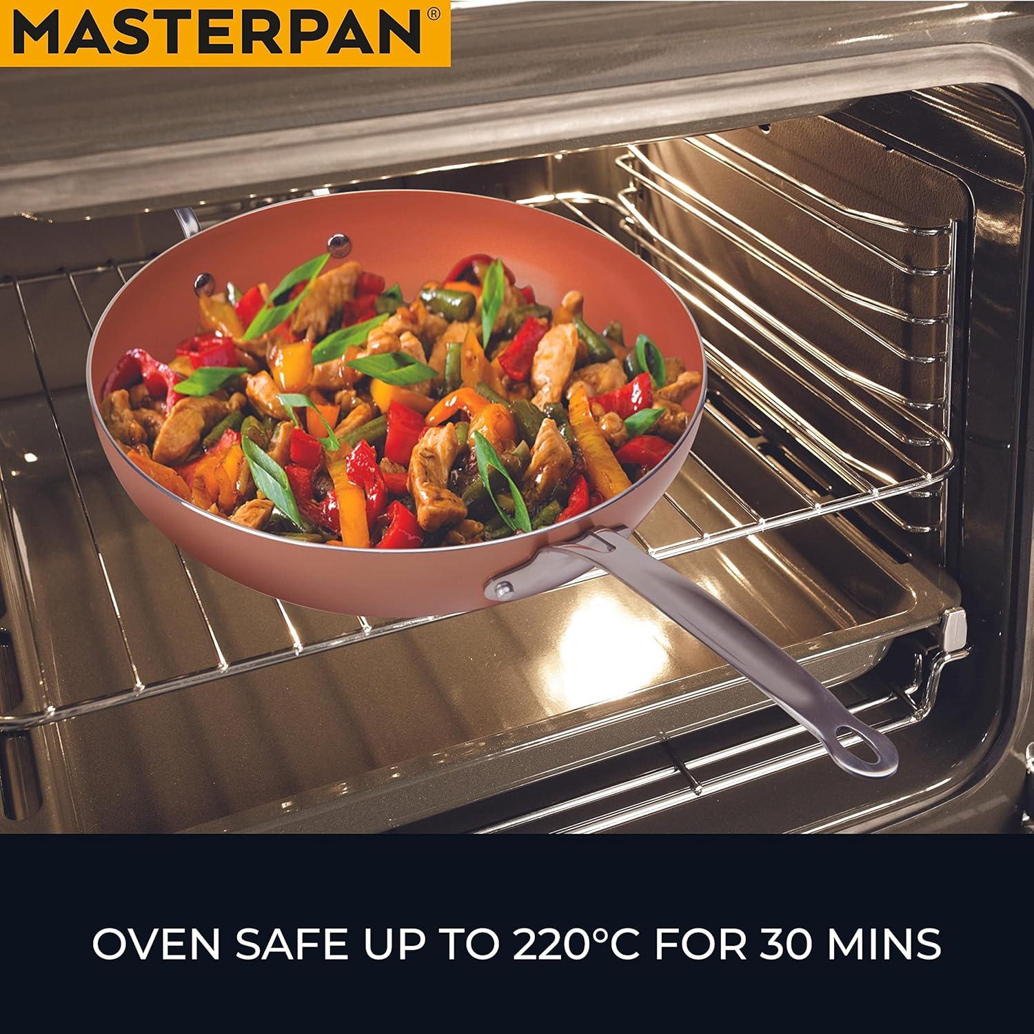 Masterpan MP-99 12 in. Chefs Wok & Glass Lid, Copper Color Ceramic Non-Stick Coating