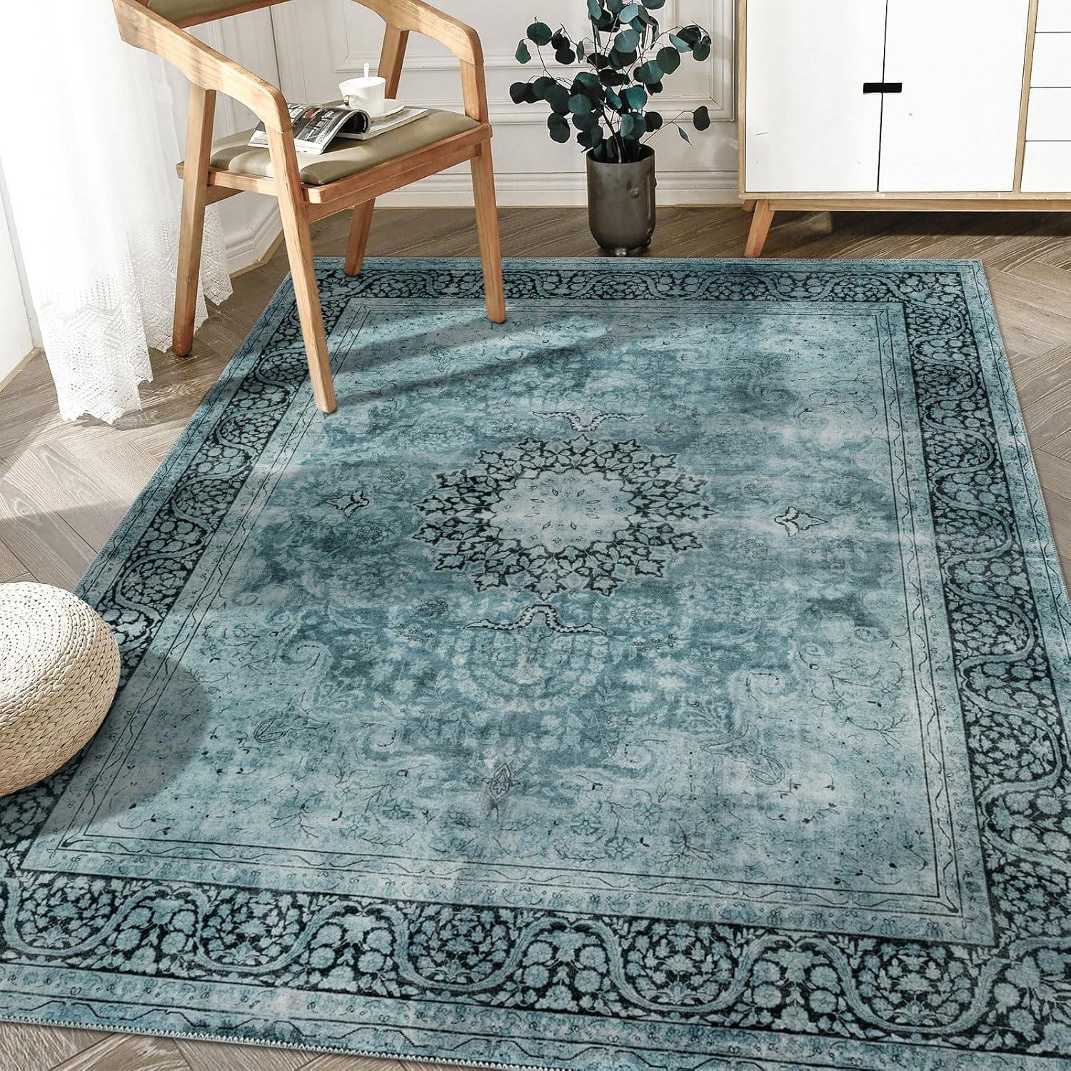 Blue Medallion Vintage Washable Synthetic 4' x 6' Area Rug