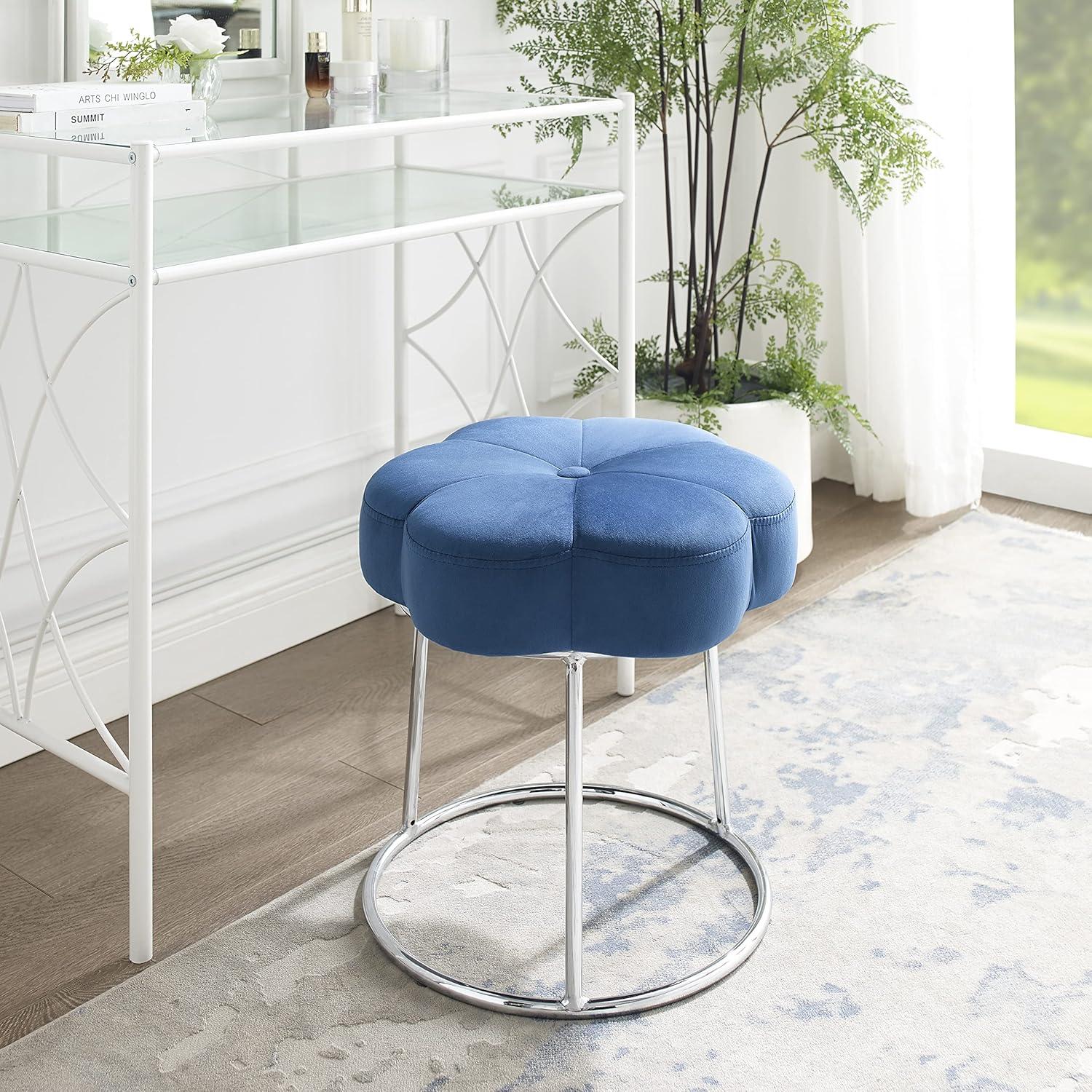 Navy Blue Velvet and Chrome Round Vanity Stool