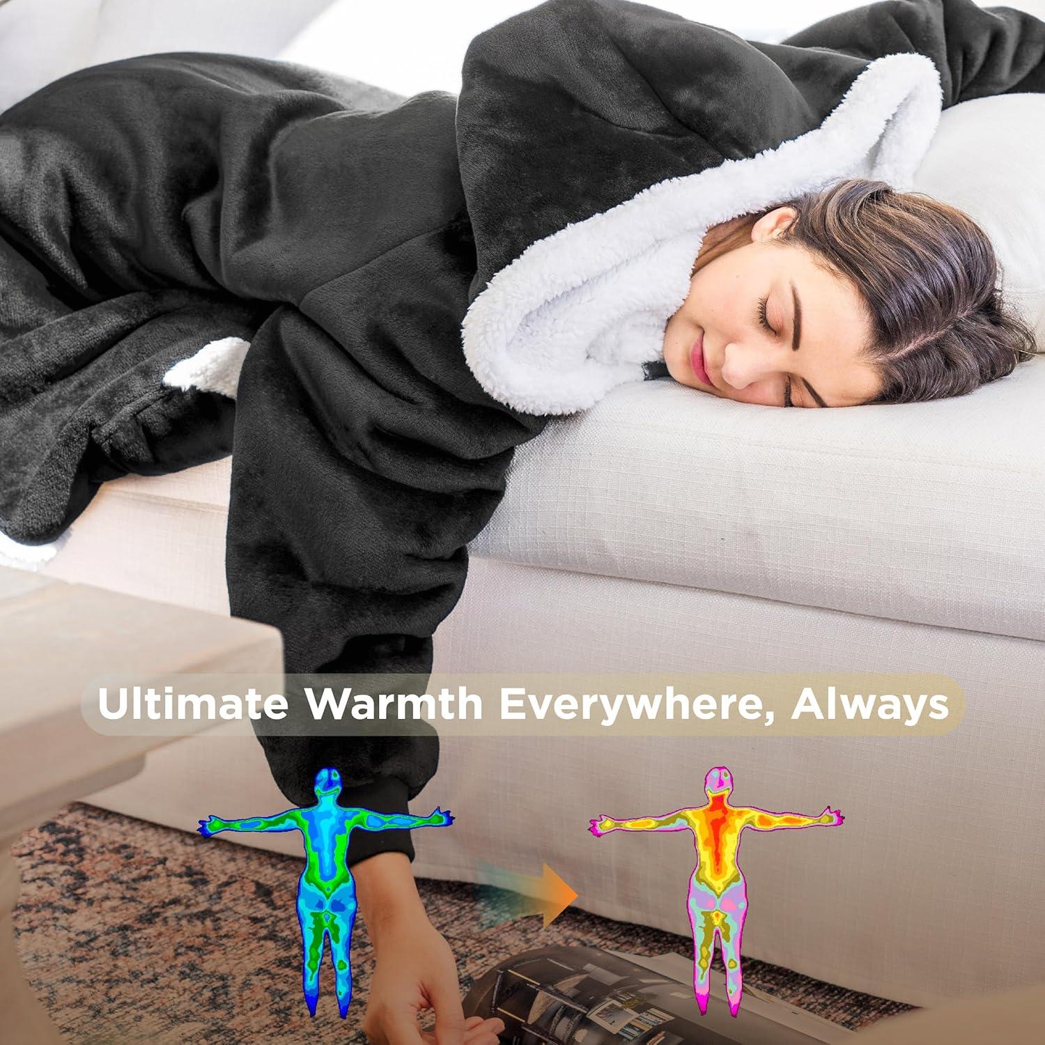 Bedsure Blanket Hoodie, Wearable Blanket for Adults & Kids as Gifts for Women Men, Birthday Gifts for Women Mom Girl Sherpa Oversized Hoodie, Black, Standard