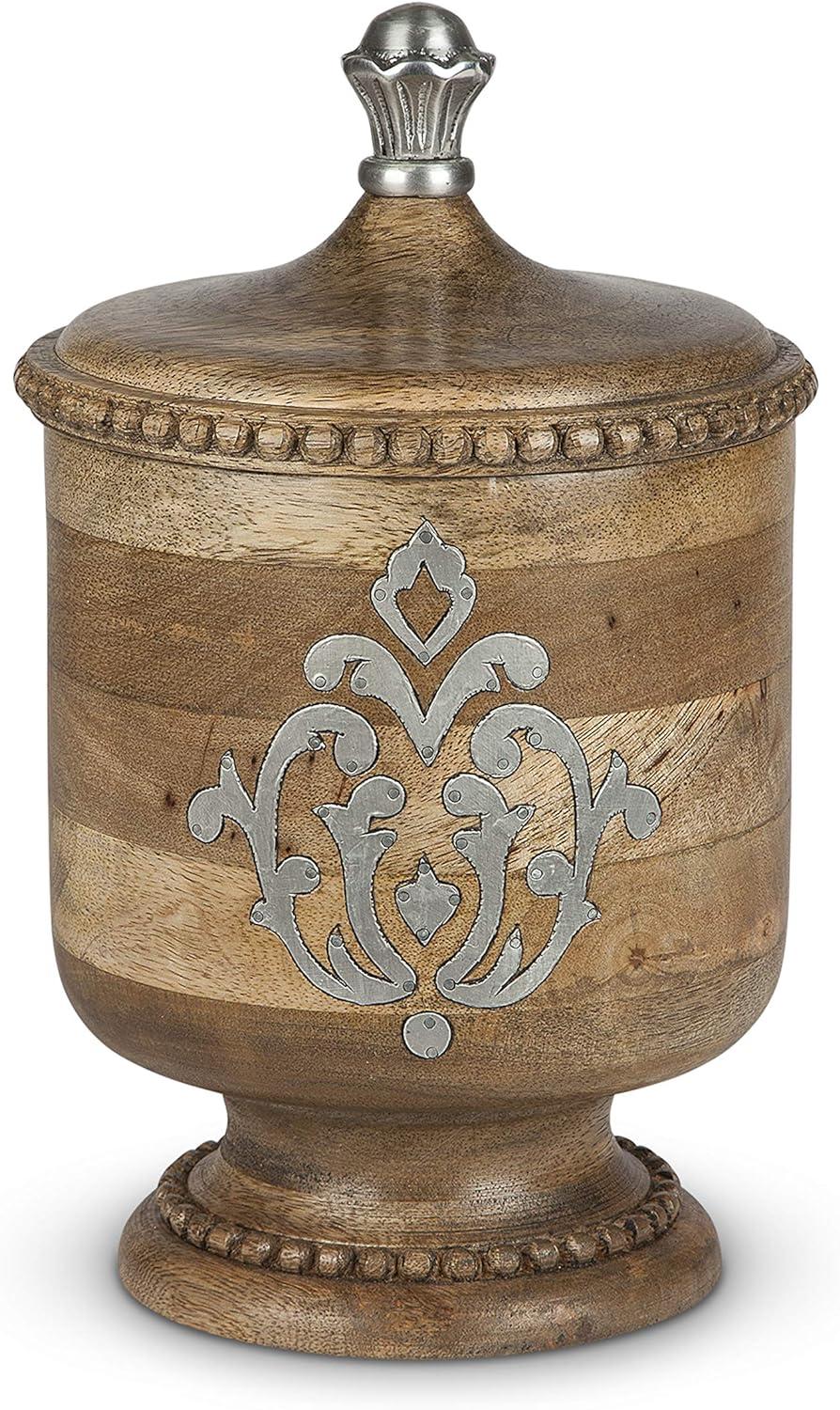 Mediterranean Elegance Mango Wood 7.5" Round Vase with Metal Inlay