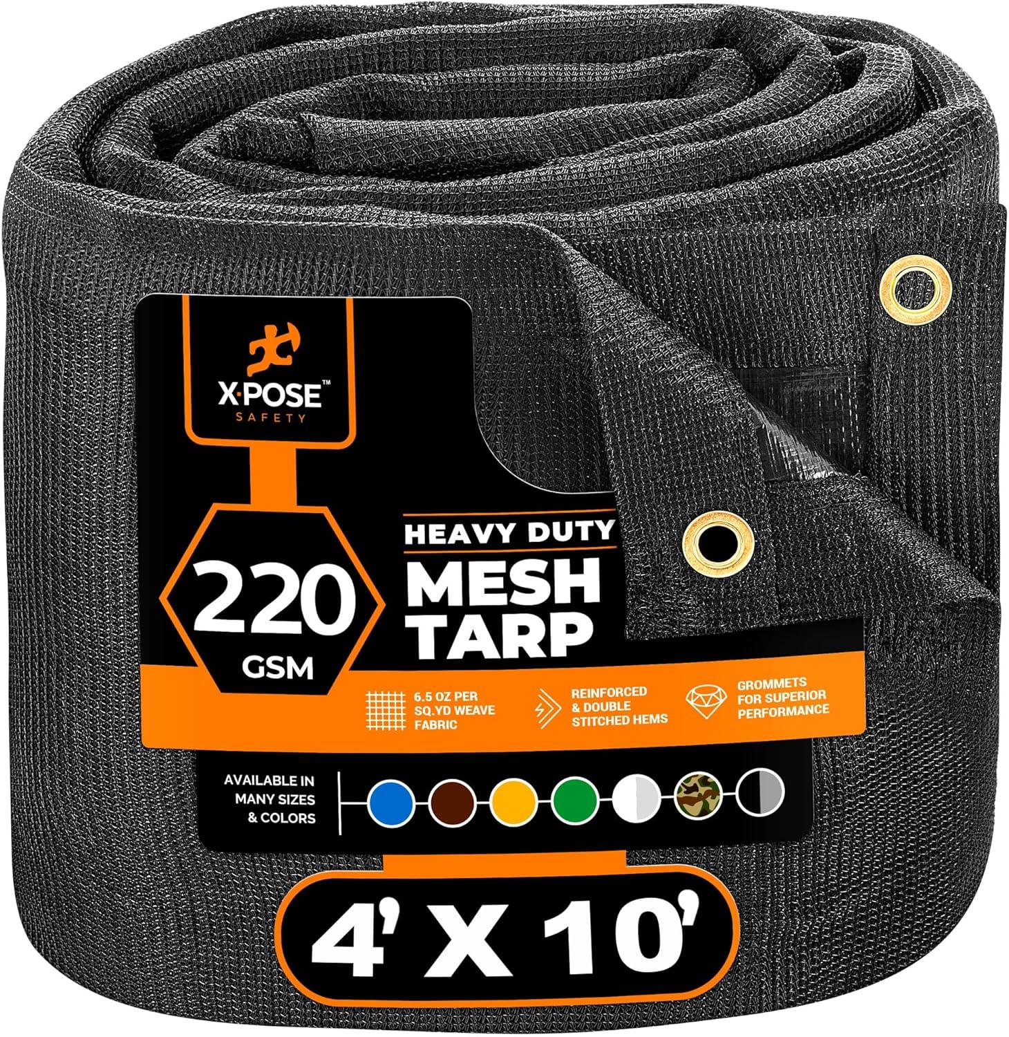 Xpose Safety Heavy Duty Mesh Tarp – 10’ x 12’ Multipurpose Black Protective Cover with Air Flow - Use for Tie Downs, Shade, Fences, Canopies, Dump Trucks – Tear Resistant