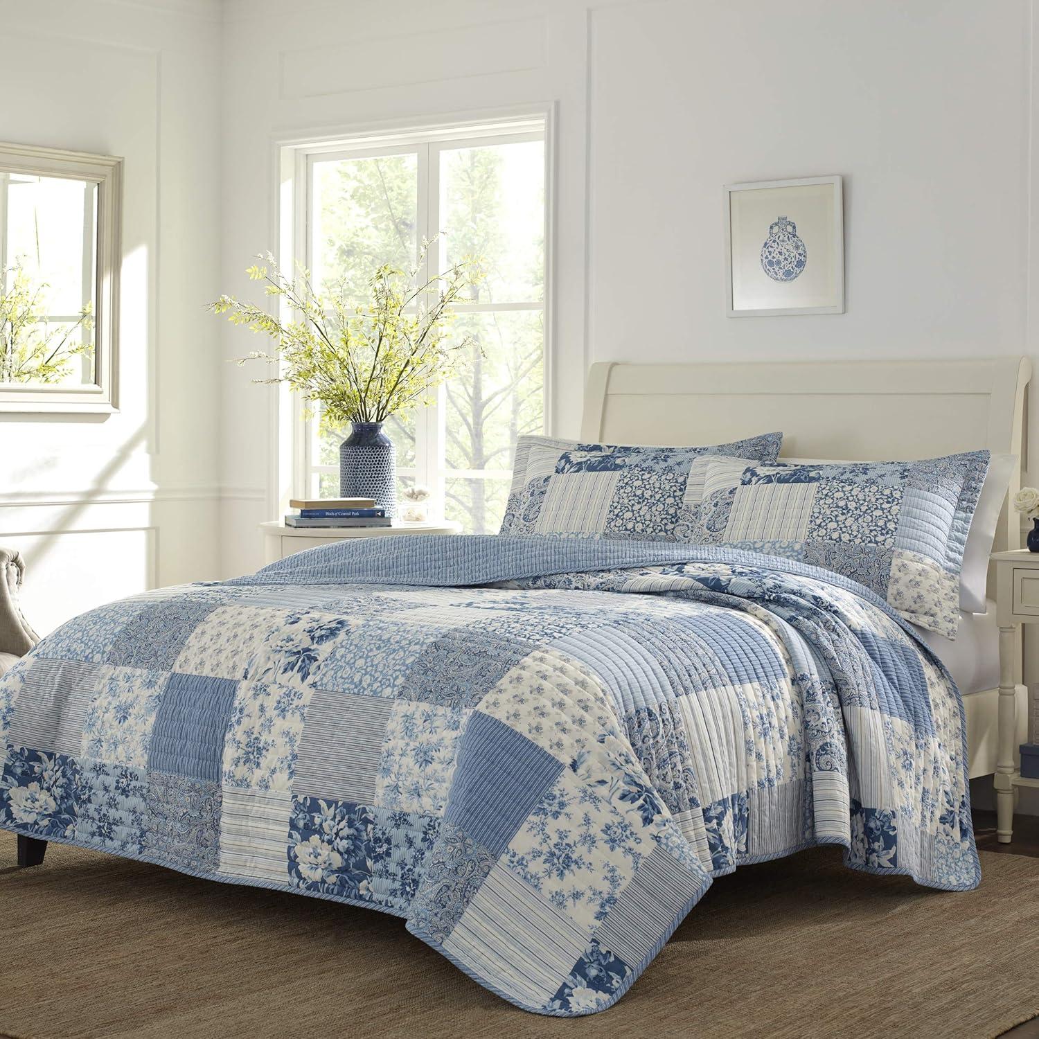 Laura Ashley Paisley Patchwork Cotton Reversible Blue Quilt Set