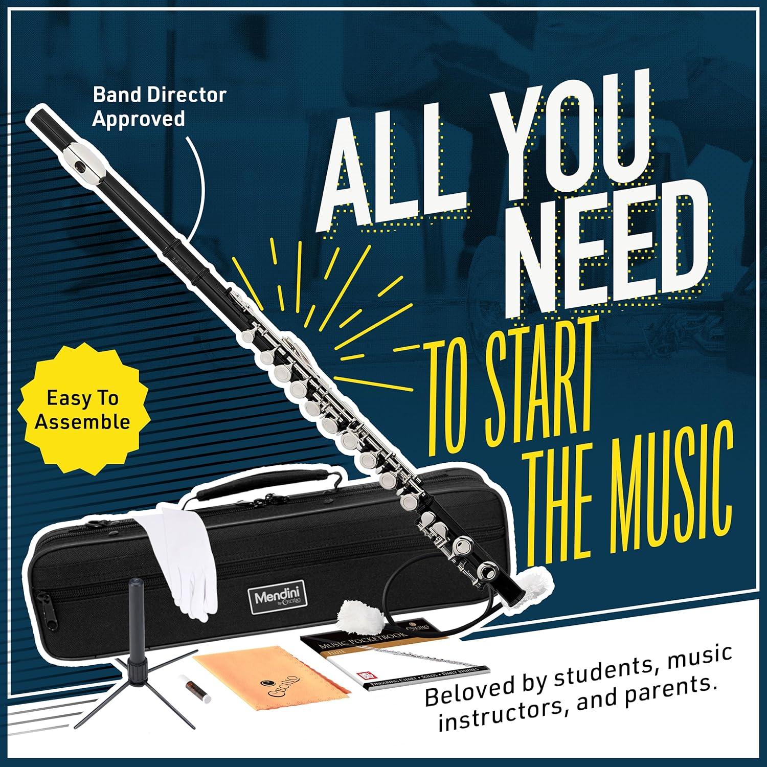 Mendini By Cecilio Flute, 16 Keys C Flute Instrument Closed Hole For Beginners with Carrying Case, Cork Grease, Stand, Lesson Book, Cleaning Kit, Gloves (Black)