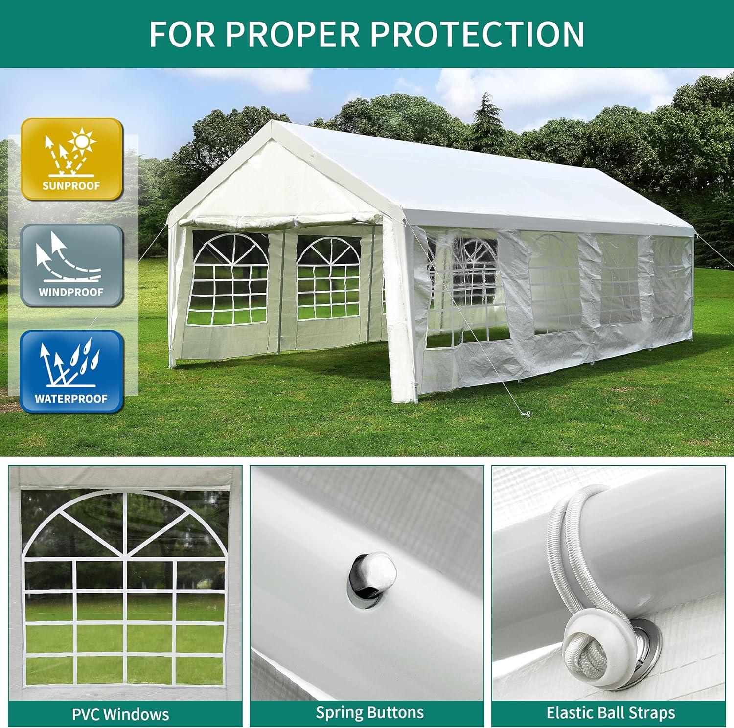 Dextrus 13' x 26' Heavy Duty Gazebo Outdoor Party Tent Canopy Carport Shelter with Removable Sidewall Windows, White