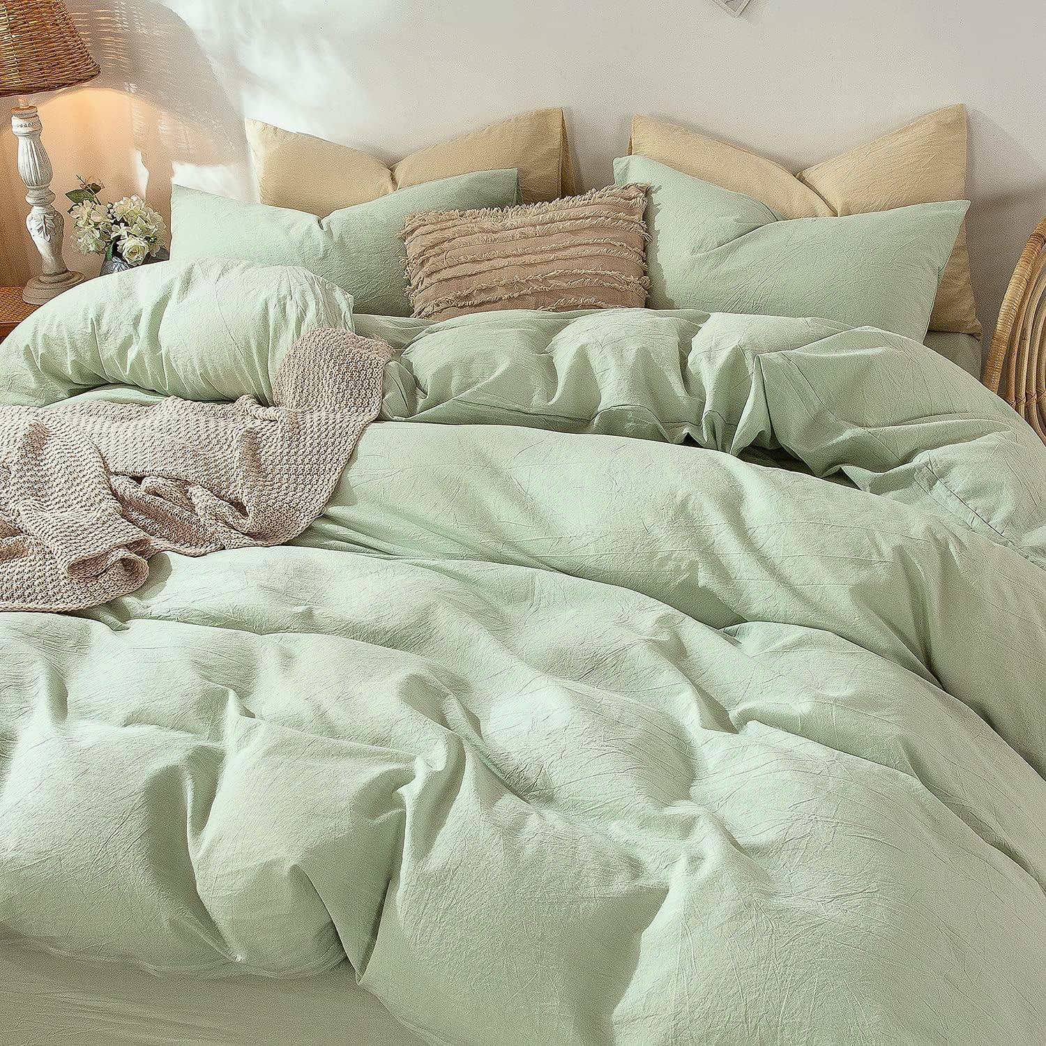 Sage Green King Linen-Like Cotton Duvet Cover Set