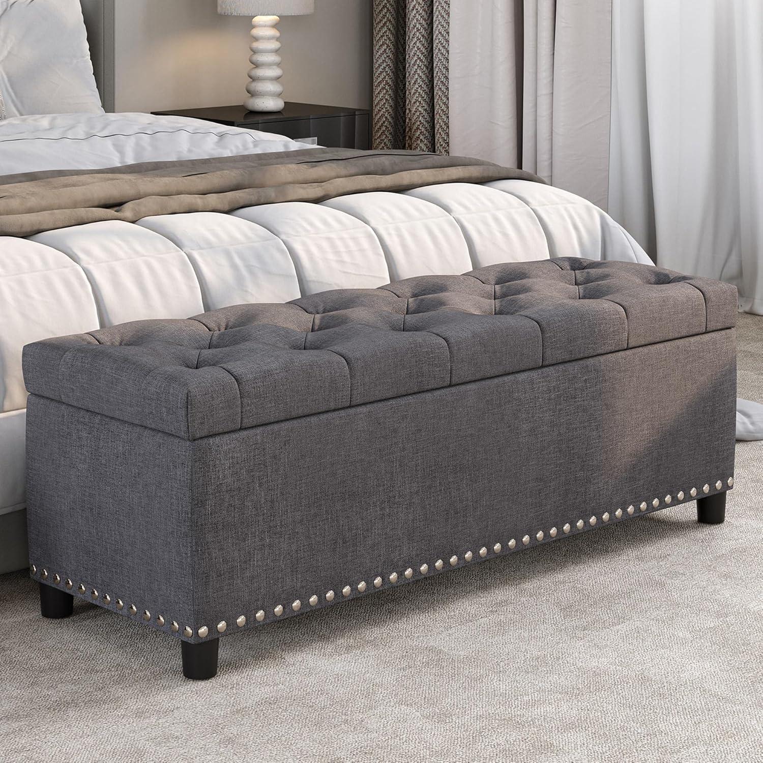 Gray Linen Tufted Storage Ottoman Bench with Nailhead Trim