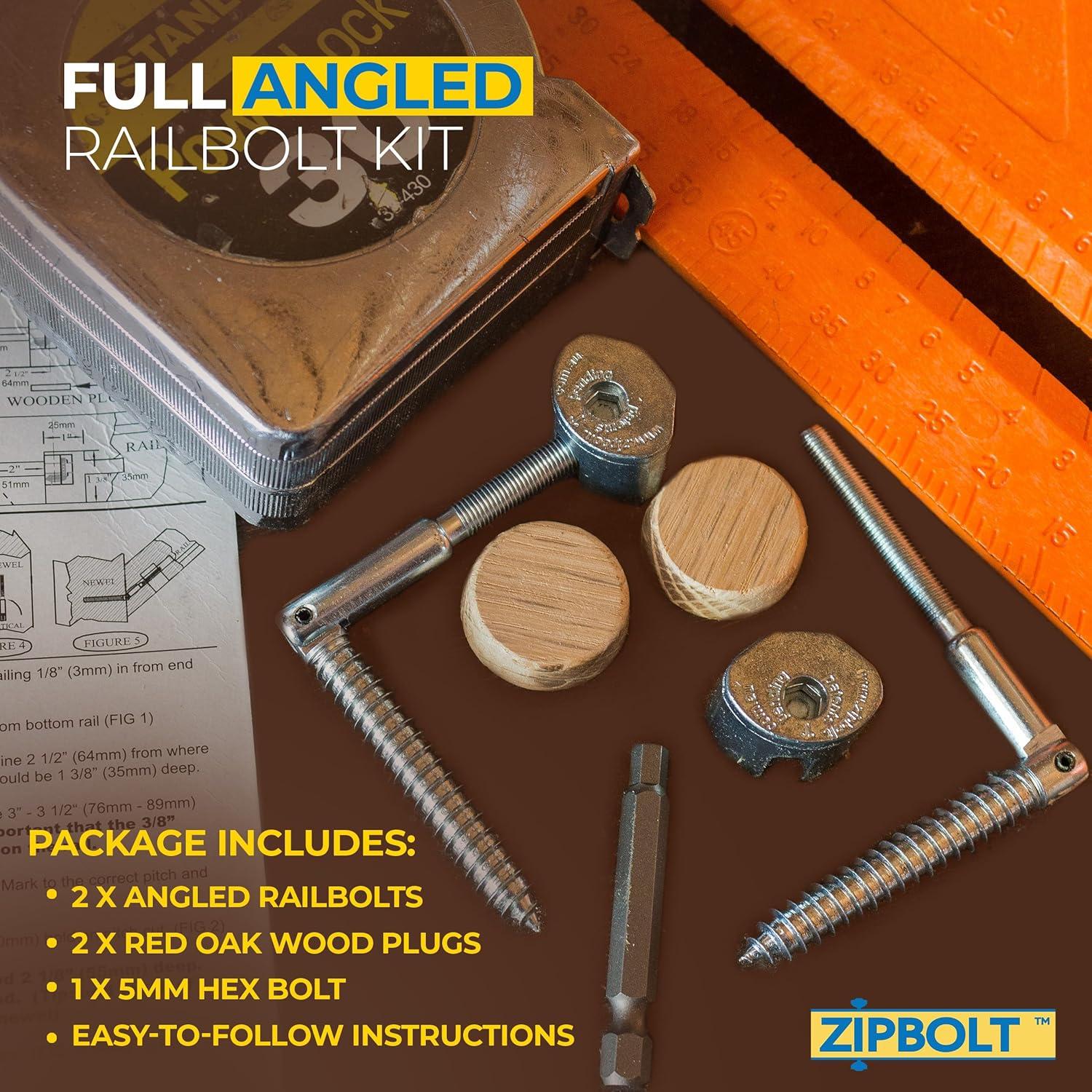 Zipbolt 11.560 Angled Railbolt — Angled Staircase Handrail to Newel Post Connector for Lower Connection, Residential and Commercial Installation, New Construction and Remodels — 1 Double Pack