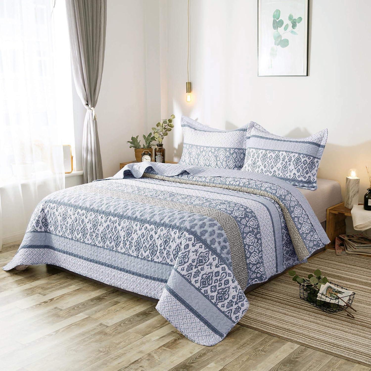 Kasentex Country-Chic Printed Pre-Washed Quilt Set - Microfiber Fabric Quilted Pattern Bedding, TWIN + 1 Sham, Blue Floral Horizontal Design