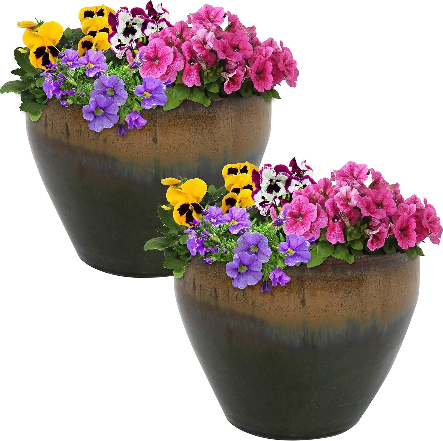 Sunnydaze Chalet Outdoor/Indoor High-Fired Glazed UV- and Frost-Resistant Ceramic Planters with Drainage Holes - 2-Pack