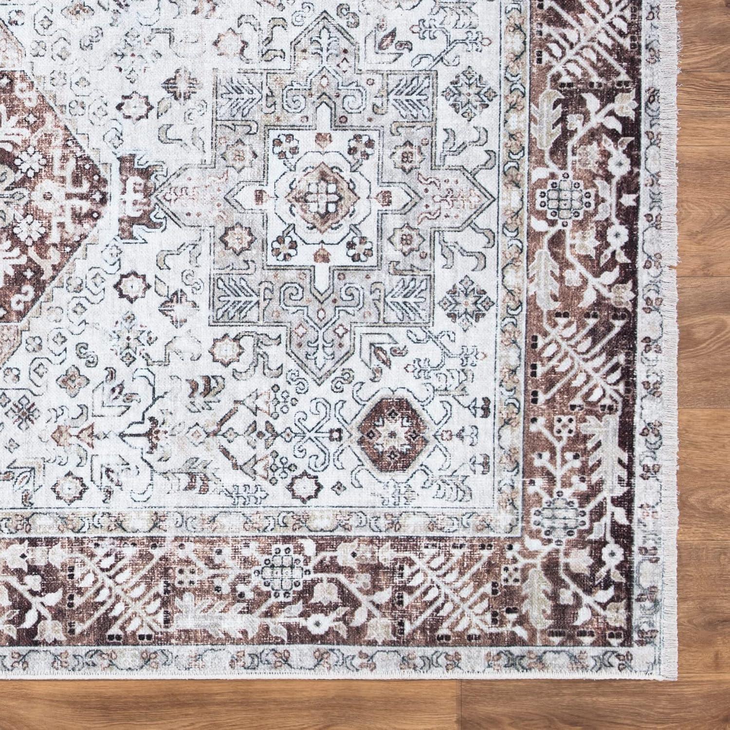 Oriental Beige/Brown Machine Washable Area Rug