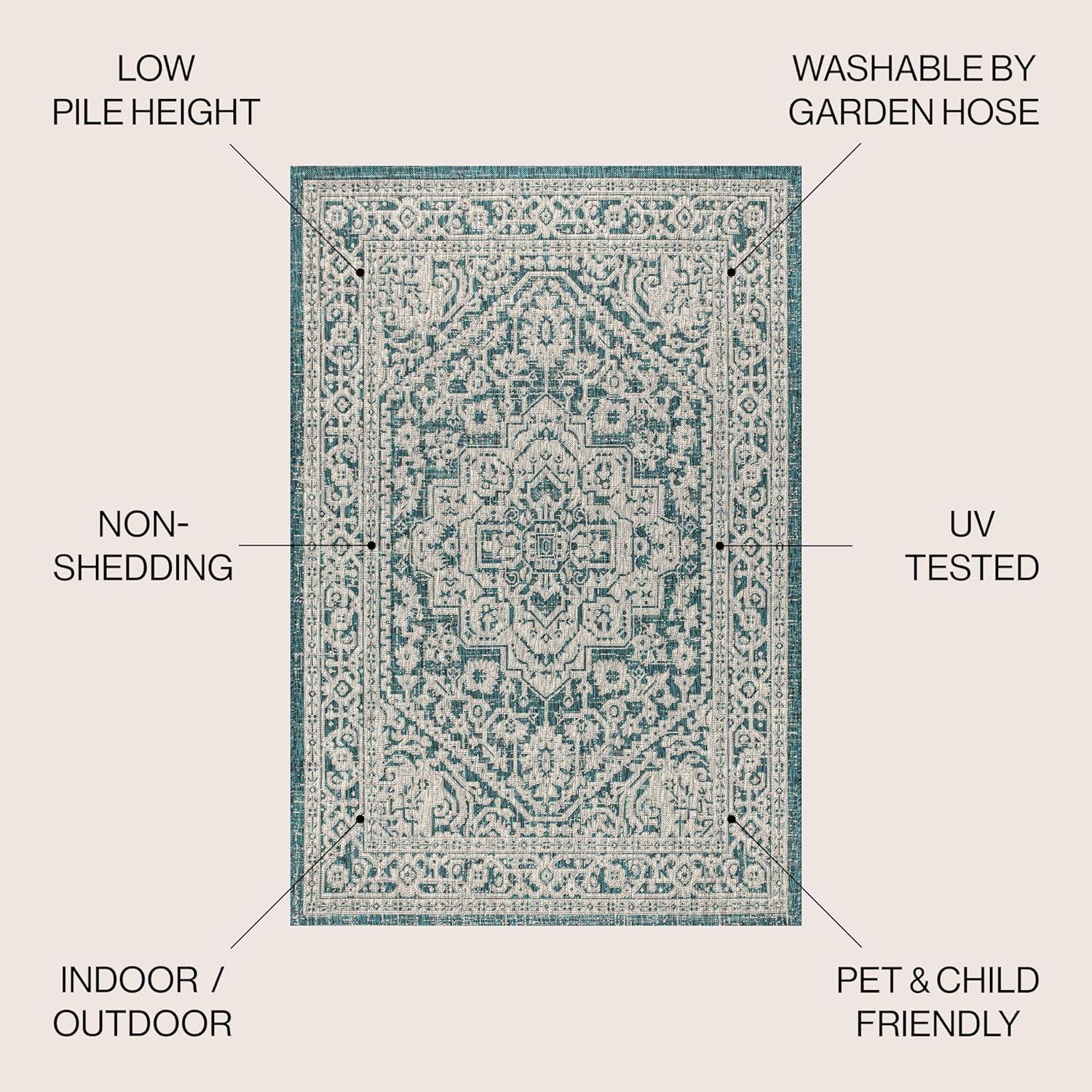 4'x6' Sinjuri Medallion Textured Weave Indoor/Outdoor Area Rug,  Teal Blue/Gray - JONATHAN Y