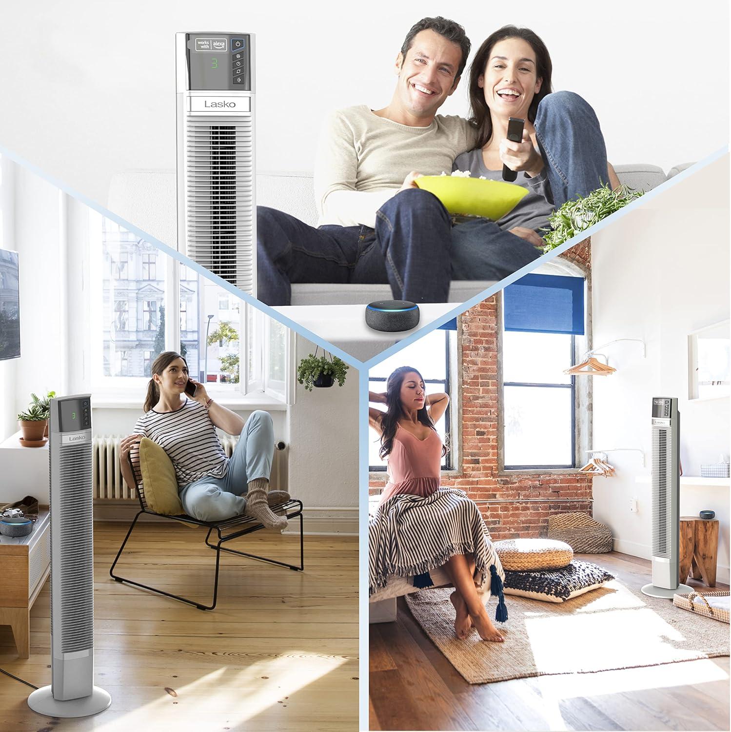 48-Inch White Oscillating Tower Fan with Alexa and Four Speeds