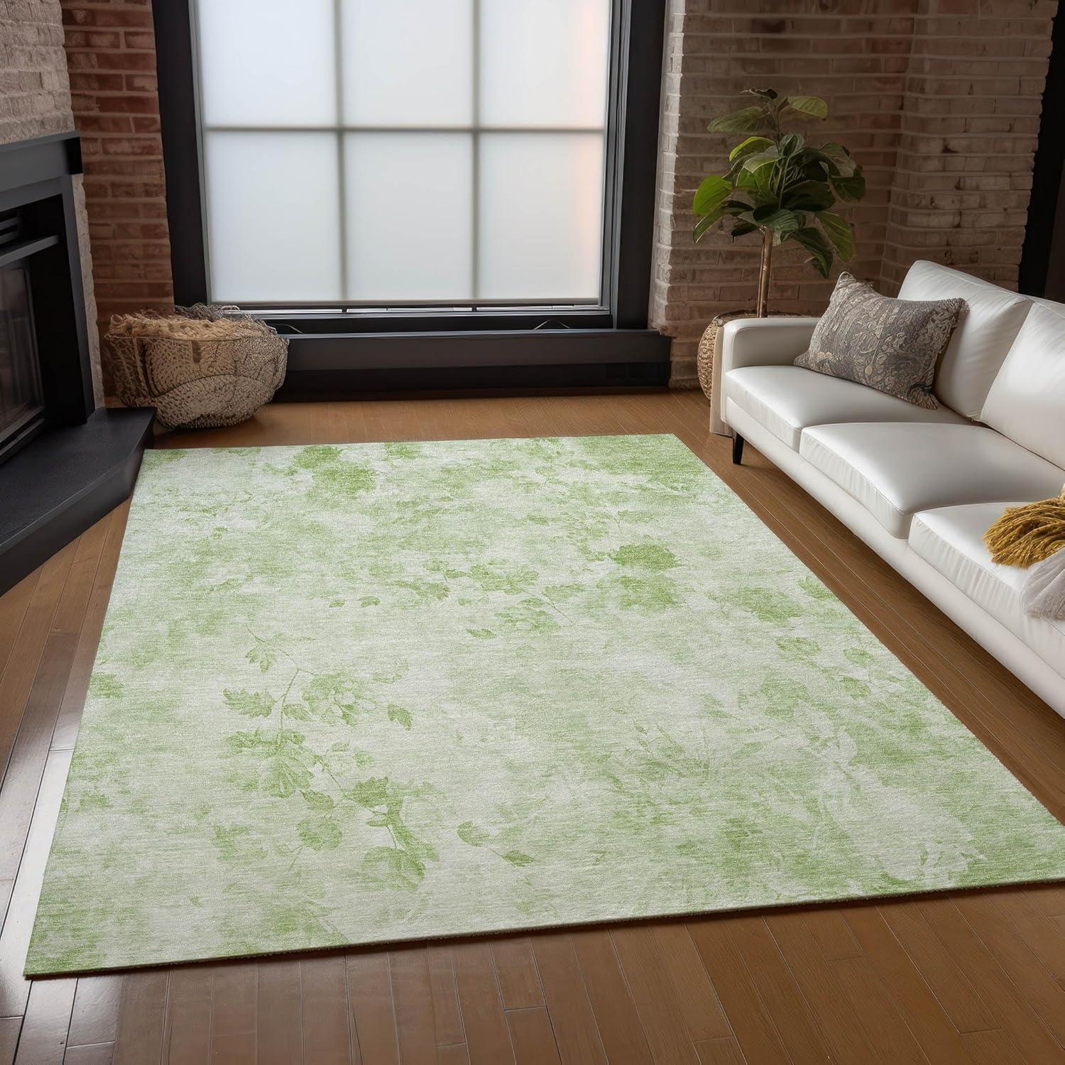 Aloe Green Floral Synthetic 8' x 10' Washable Area Rug