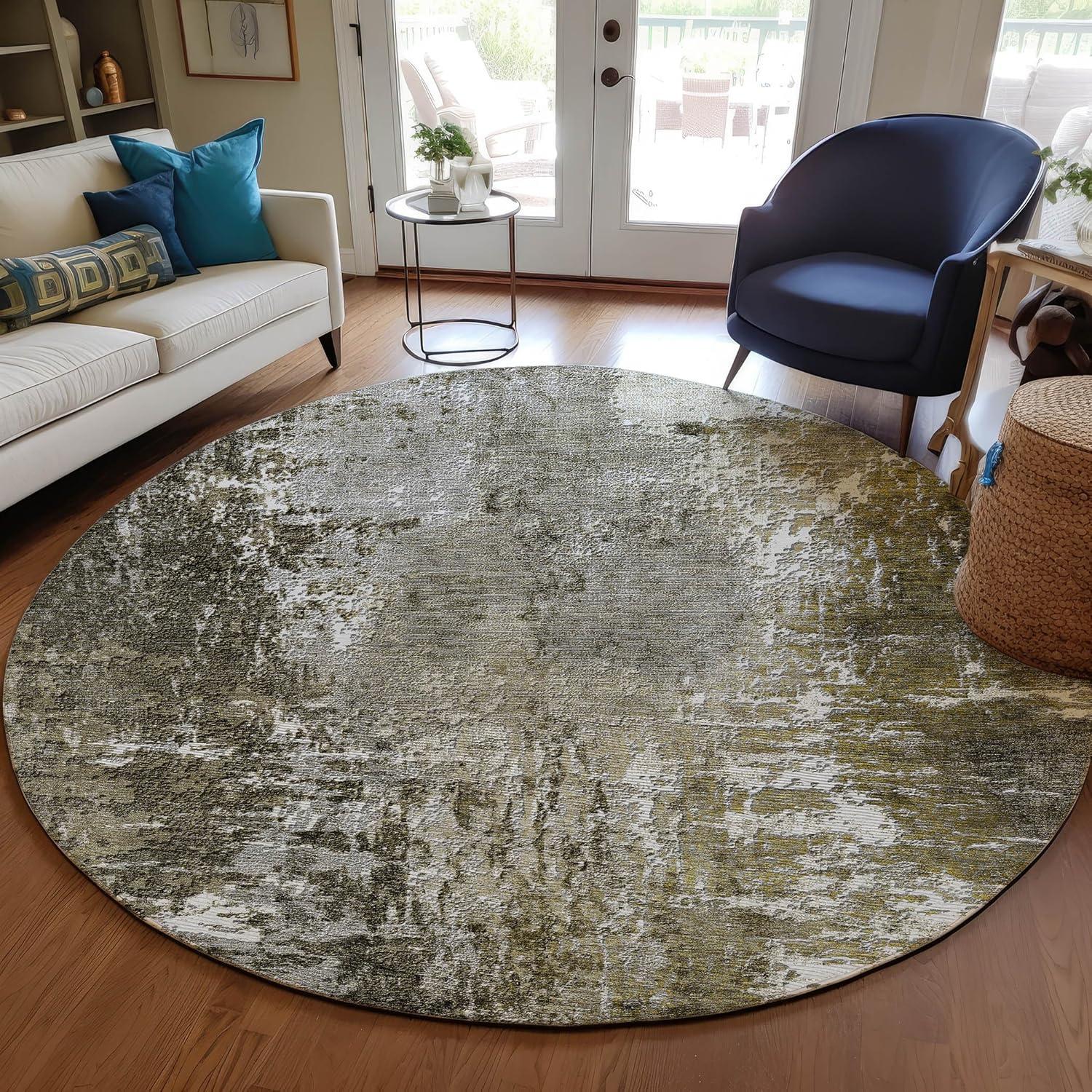 Taupe Round Synthetic Washable Indoor Outdoor Area Rug