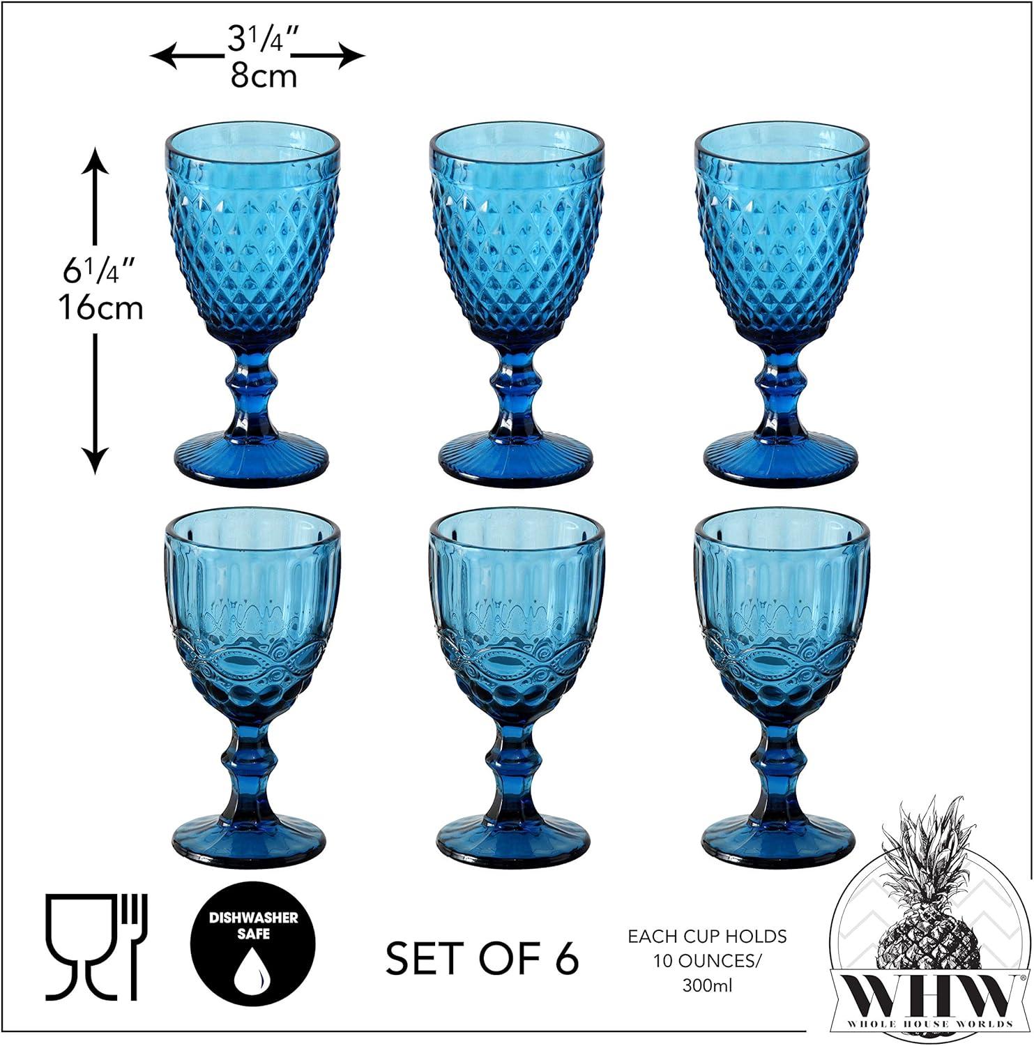 Vintage Blue Glass Wine Goblets with Tactile Patterns, Set of 6