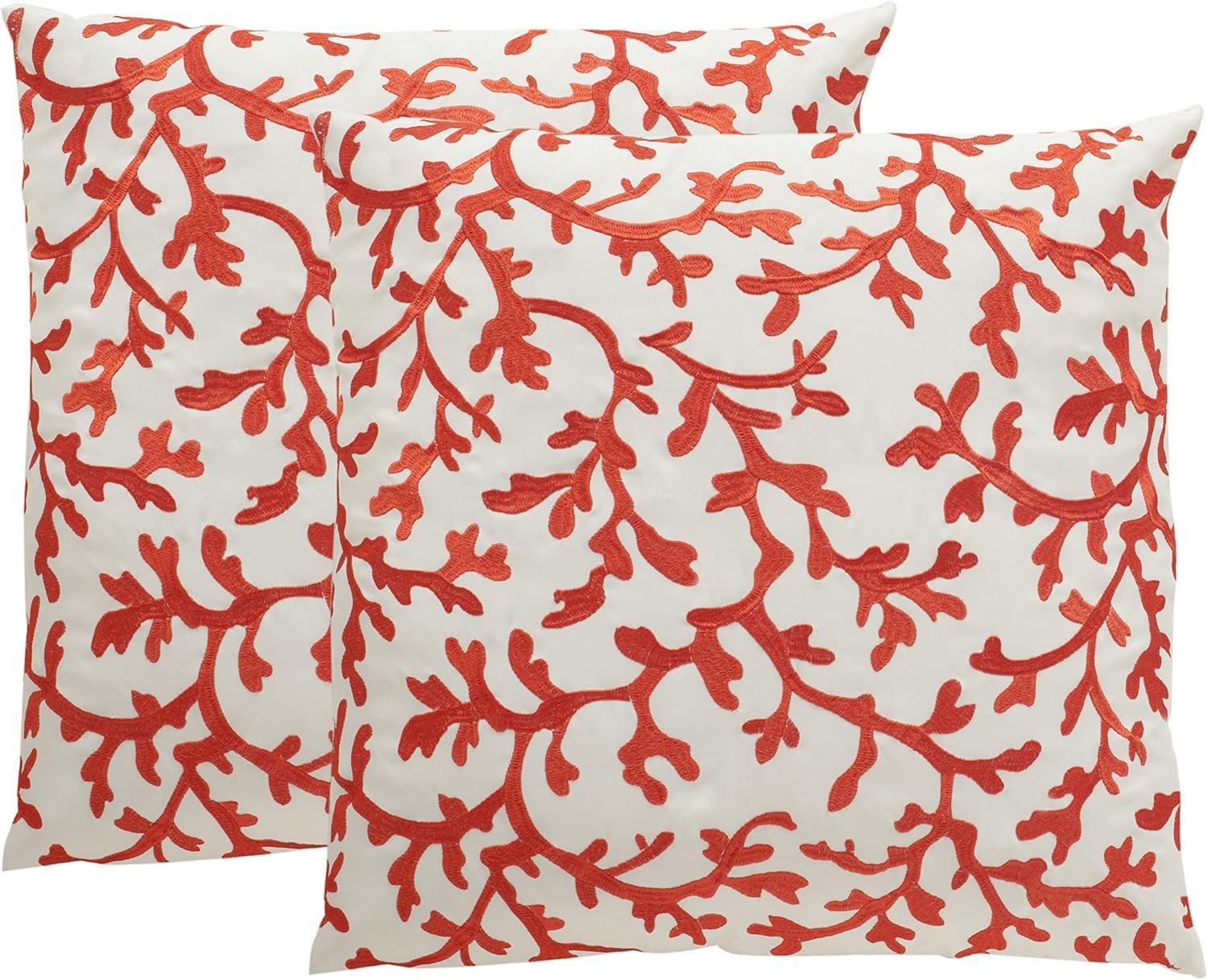 Coral Embroidered White and Red Outdoor Square Pillow Set