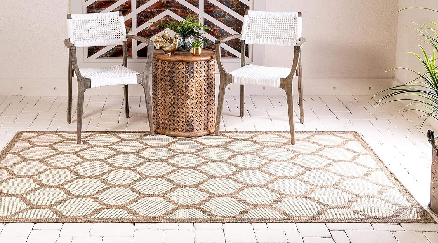 Brown and Beige Rectangular Outdoor Synthetic Rug