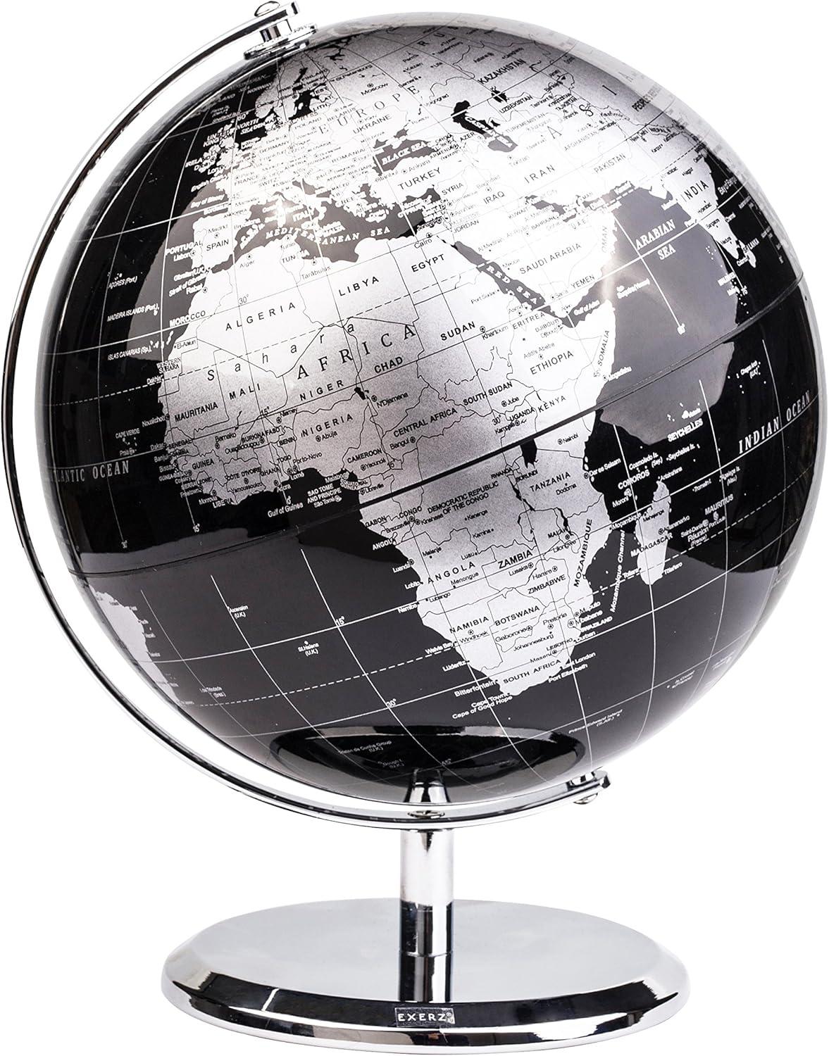 ANNOVA Metallic World Globe Black – Educational/Geographic/Modern Desktop Decoration - Stainless Steel Arc and Base/Earth World - Metallic Black - for School, Home, and Office (8-Inch)
