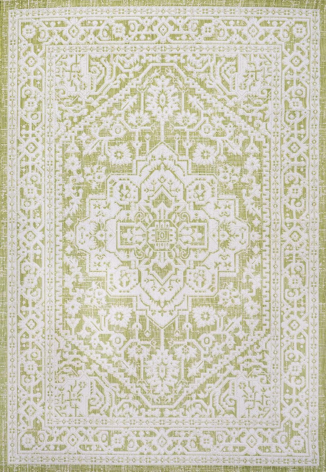 4' x 6' Sinjuri Medallion Textured Weave Indoor/Outdoor Area Rug, Green/Cream - JONATHAN Y