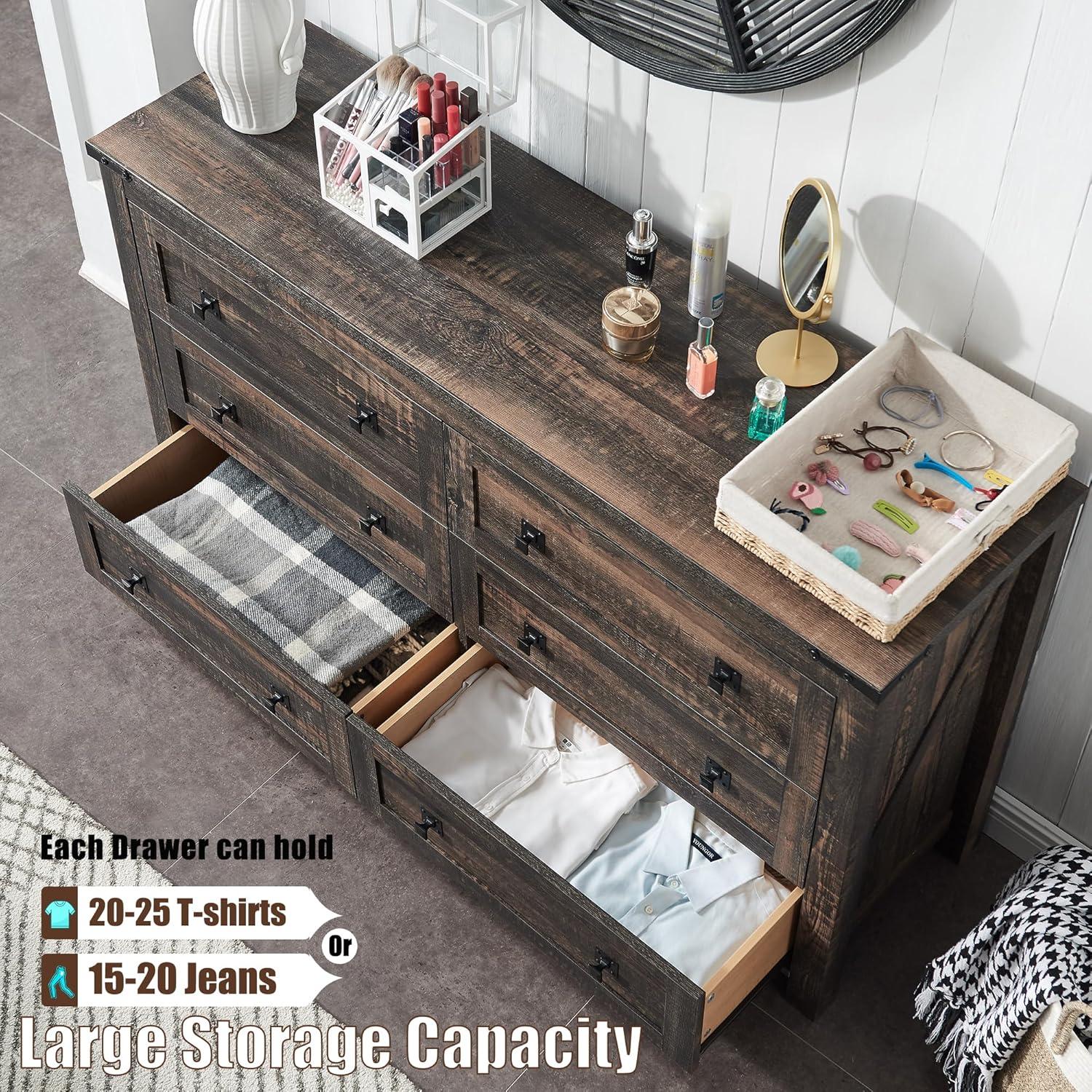 Farmhouse 6-Drawer Dresser - Rustic Dark Oak Storage, 54"L x 16"D x 31"H, Barn Door Style, Antique Brass Knobs, Wide Chest Organizer for Bedroom/Living Room