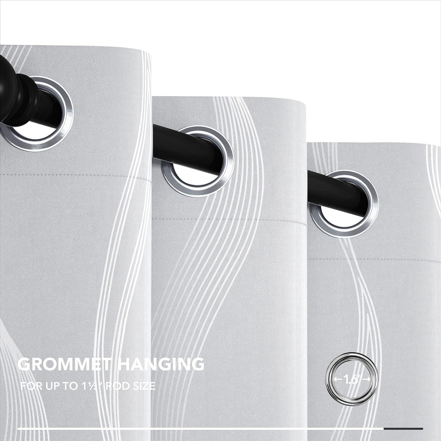 Deconovo Silver Wave Line Foil Printed Blackout Curtains Grommet Panels with 52x54 inch 1 Pair White