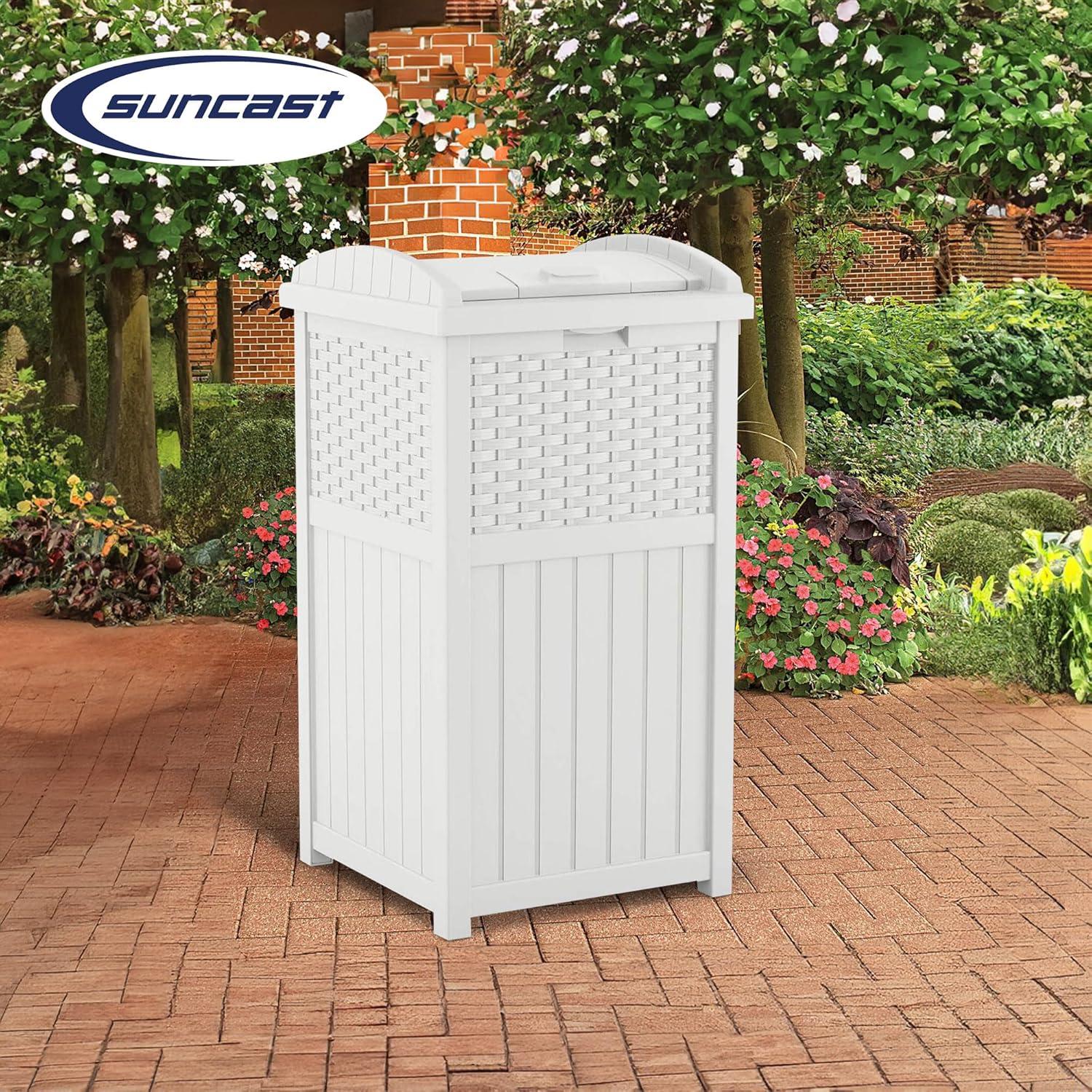 Suncast Wicker Resin Outdoor Hideaway Trash Can Bin with Latching Lid for Use in Backyard, Deck, or Patio, White (2 Pack)