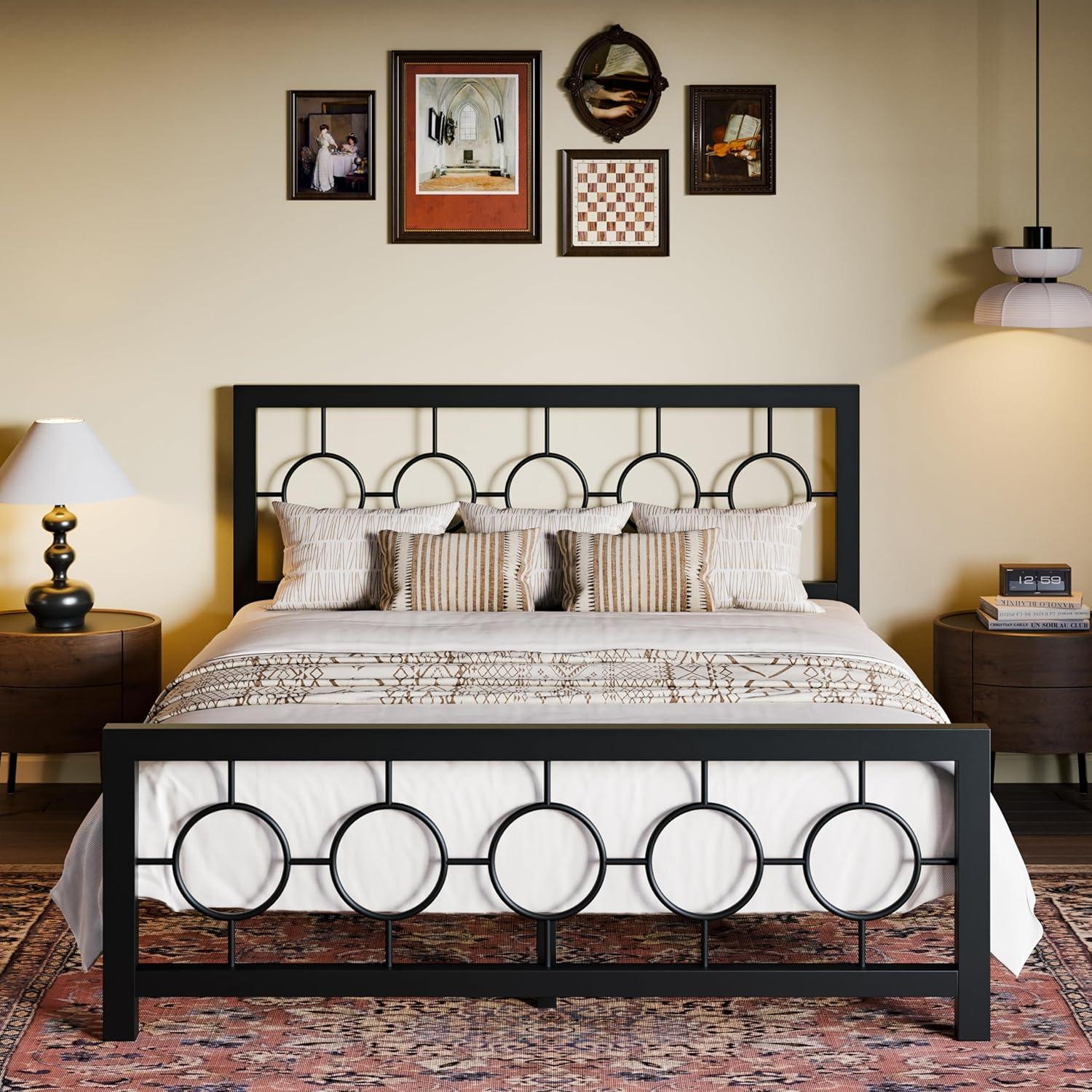 SHA CERLIN Queen Size Metal Bed Frame with Vintage Circular Design Headboard and Footboard,No Box Spring Required,Easy Assembly,Noise-Free,Black