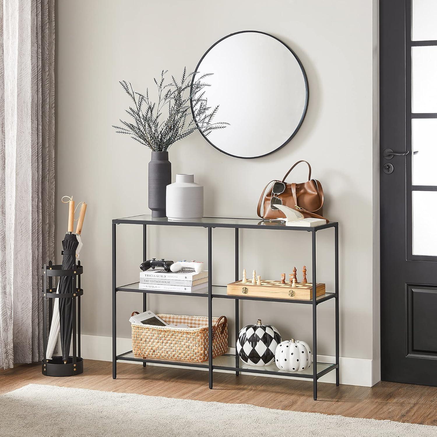 VASAGLE 39.4" Console Table with 3 Shelves Metal Frame Glass Shelf for Living Room Black Entryway Table