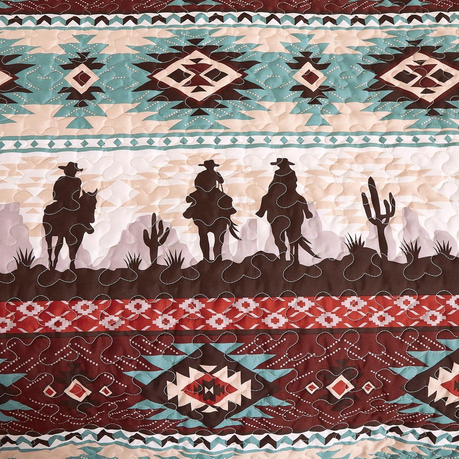 Chezmoi Collection Dune 3-Piece Southwestern Cowboys Quilt Set, Multicolor Teal Brown Beige Tan Red Printed Microfiber Bedspread, King