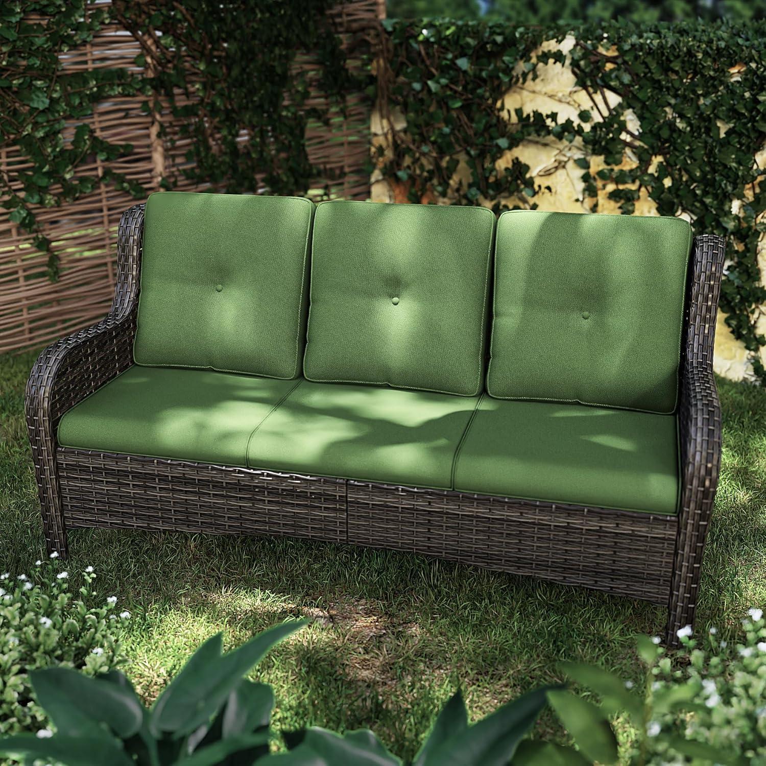3-Seat Wicker Outdoor Patio Sofa Sectional Couch with Green Cushions