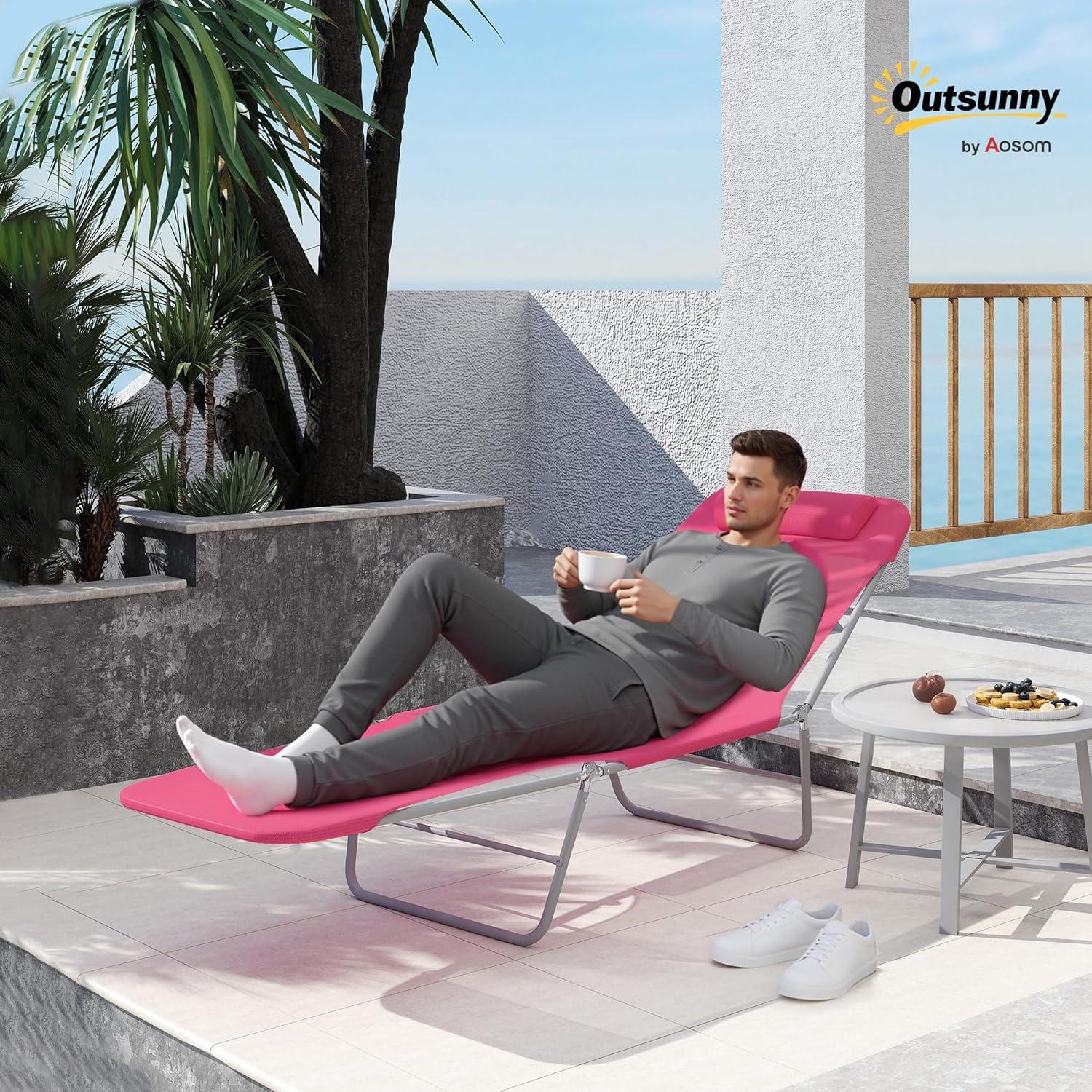 Outsunny Foldable Outdoor Chaise Lounge Chair, 5-Level Reclining Camping Tanning Chair with Breathable Mesh Fabric and Headrest, Pink