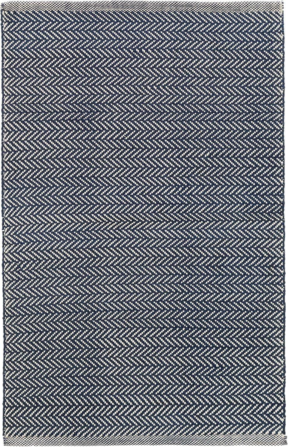 Indigo Ivory Herringbone Handwoven Cotton Rug 8' x 10'