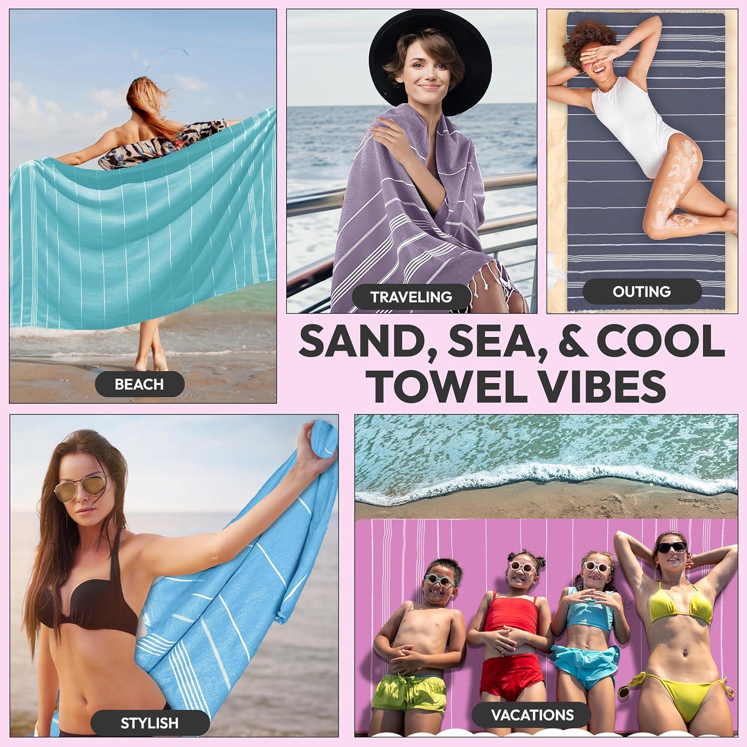 Turkish Beach Towel - 40x71 inch Oversized Sand Resistant Prewashed Turkish Towel - 100% Turkish Cotton Quick Drying, Compact, Lightweight Turkish Towel for Beach, Bath, Pool, Gym, Yoga