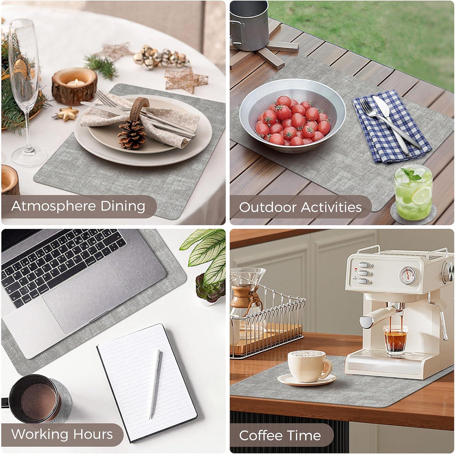 FOCUSLINE Faux Leather Placemats Set of 6, Light Grey Table Place Mats, Waterproof and Non-Slip Dining Table Mats for Indoor & Outdoor Use