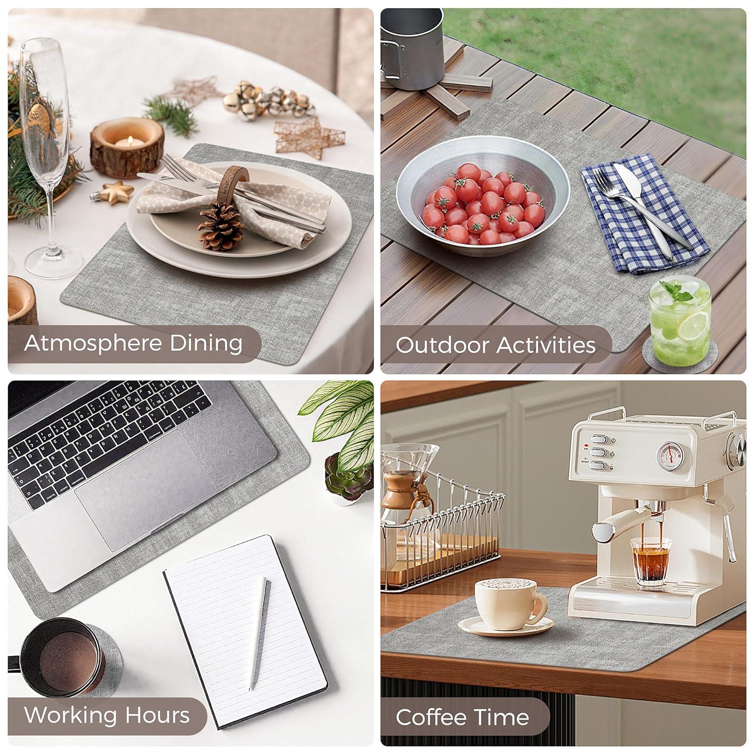 FOCUSLINE Faux Leather Placemats Set of 6, Light Grey Table Place Mats, Waterproof and Non-Slip Dining Table Mats for Indoor & Outdoor Use